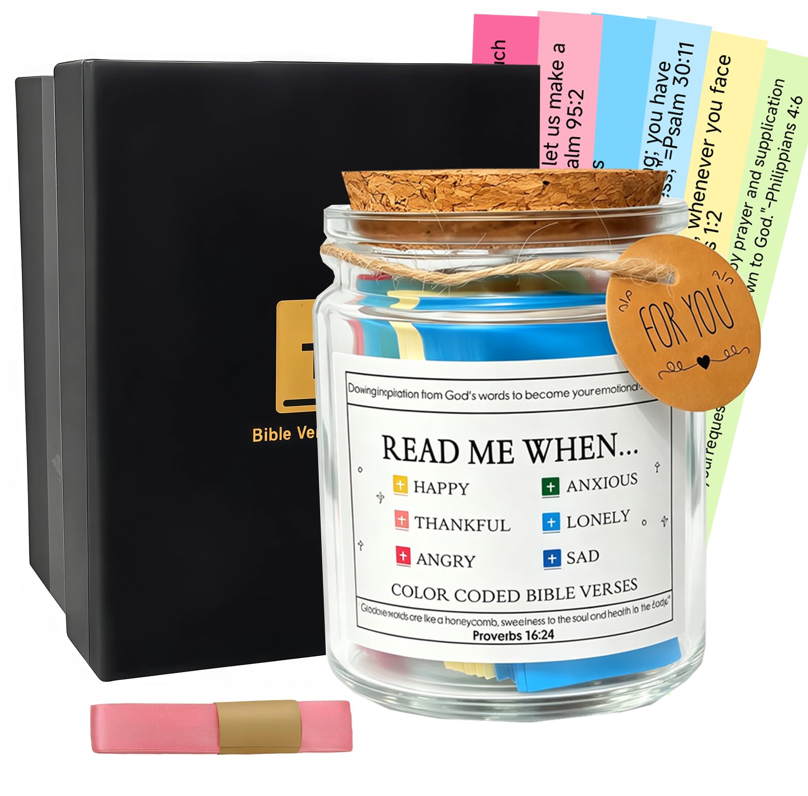 Bible Verses Jar Glass – Read Me When Inspirational Scripture Cards (90 Verses) in English, Colour-Coded Emotional Categories, Christian Gift for Women & Men, Easter Religious Encouragement Gift