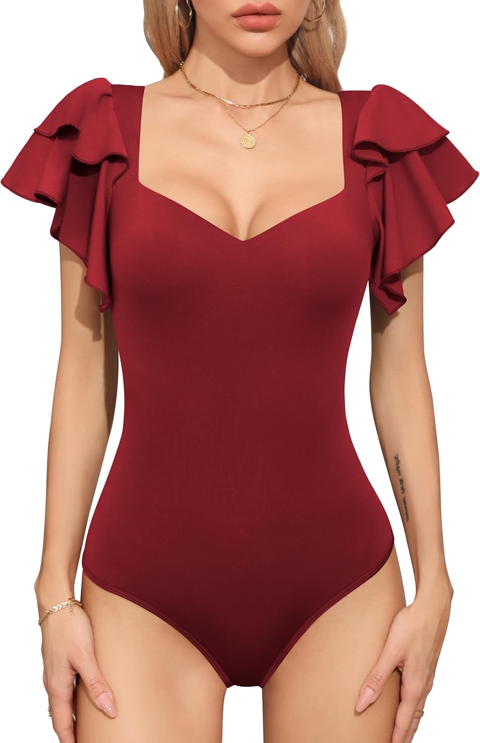 Missufe Top da donna con scollo a V, maniche corte, estivo, con volant, rosso vivo, S
