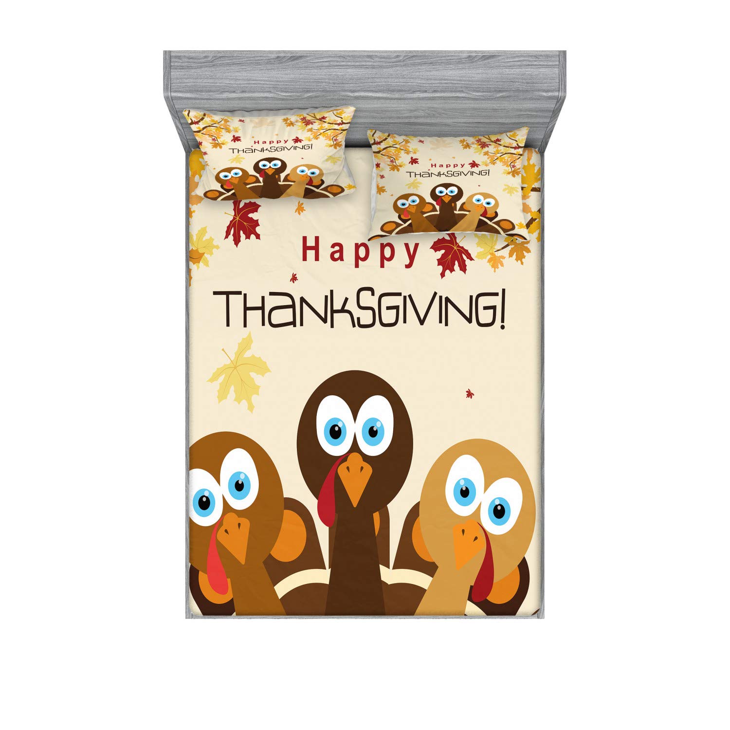 Ambesonne Turkey Fitted Sheet & Pillow Sham Set, Happy Thanksgiving Falling Leaves and Poultry Birds Harvest Time Celebration, Decorative Printed 3 Piece Bedding Decor Set, Calking, Brown Cream
