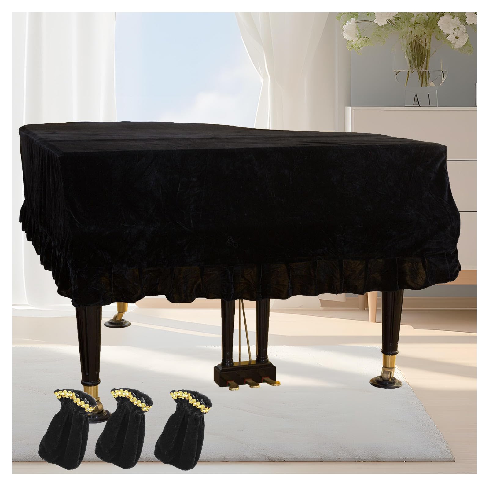 Flügel-Abdeckung, Leichte, Luxuriöse, Weiche Und Hochwertige Oberfläche Kleine Klaviertastatur-Abdeckung mit Rüschen Instrumentalabdeckungen,Black-190-200cm
