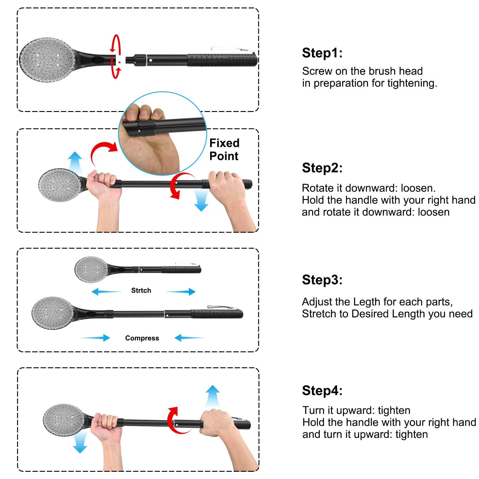 Gobiteli Brosse de douche pour le dos pour douche, 63,5 cm de long manche pour exfoliant le corps et nettoyage en profondeur, brosse à dos pour homme, femme et personnes âgées