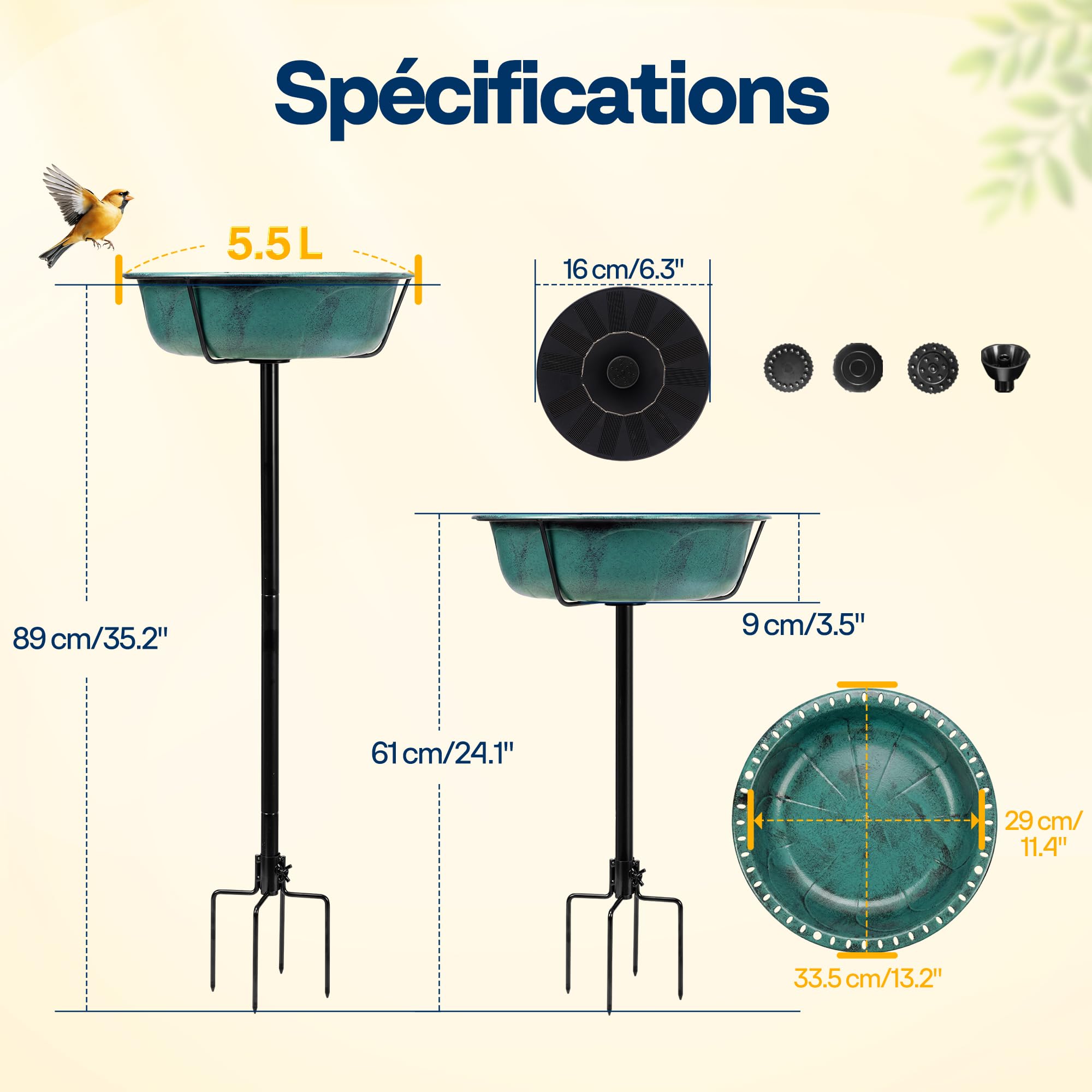 VIVOHOME Fontaine Solaire pour Bain d'oiseaux en Polyresine, Hauteur 74cm, Mangeoire Extérieure sur Pied avec Tige en Métal, Base à 5 Pointes