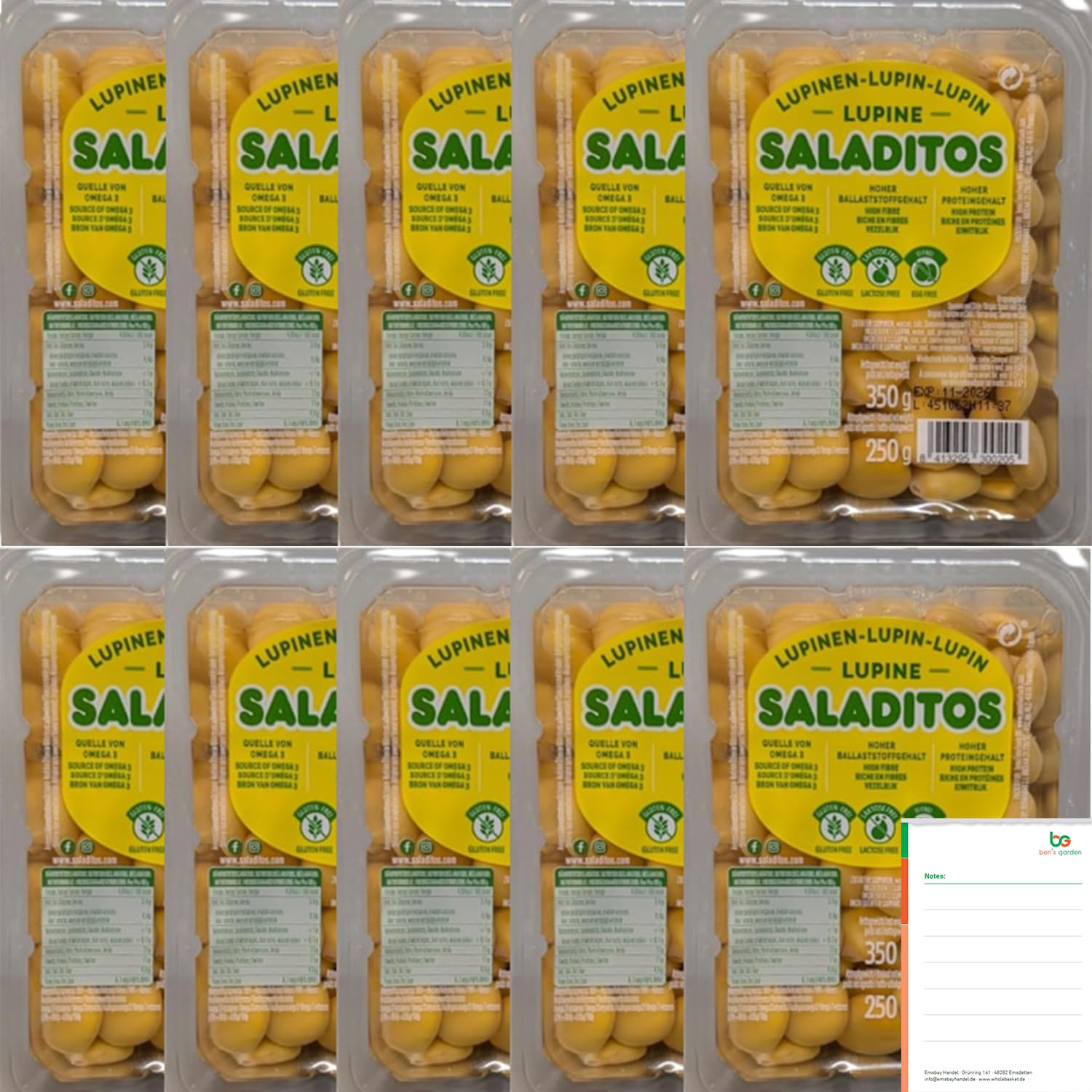 Saladitos Lupinen 10x350g - Proteinreich, Ballaststoffreich & Omega 3 + Ben's Garden Notizblock Set