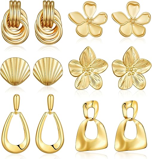 AIDSOTOU 6 Pairs Chunky Gold Earrings For Women Trendy Statement Gold Plated Flower Shell knot Dangle Earrings Lightweight Hypoallergenic Fashion Jewelry Set