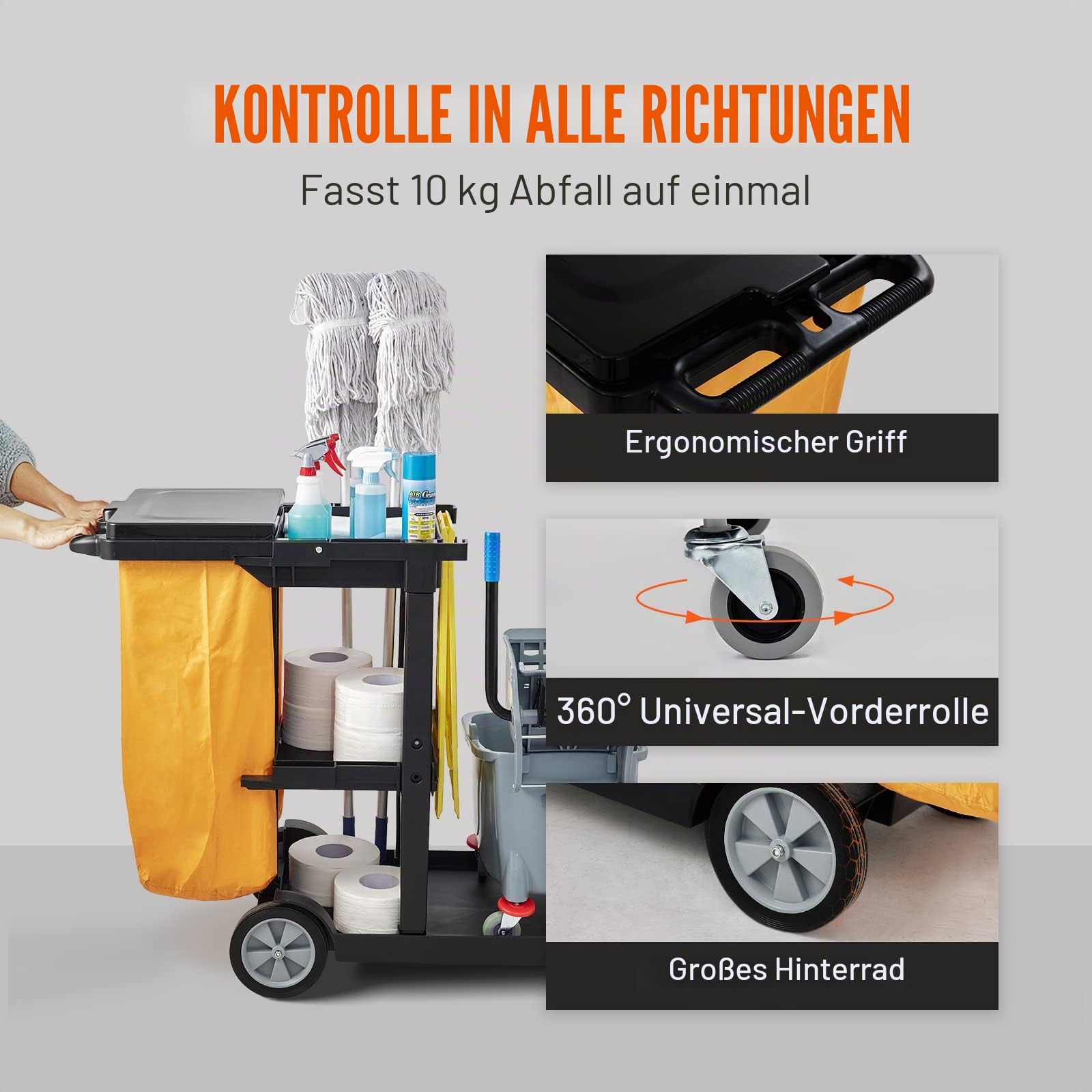 VEVOR Reinigungswagen Putzwagen mit 3 Fächern, Hygienewagen Reinigungswagen 90,7 kg Tragfähigkeit, Schwarz PP Wischwagen Systemwagen mit PVC-Müllsack, Geeignet für Büros, Einkaufszentren, Hotels