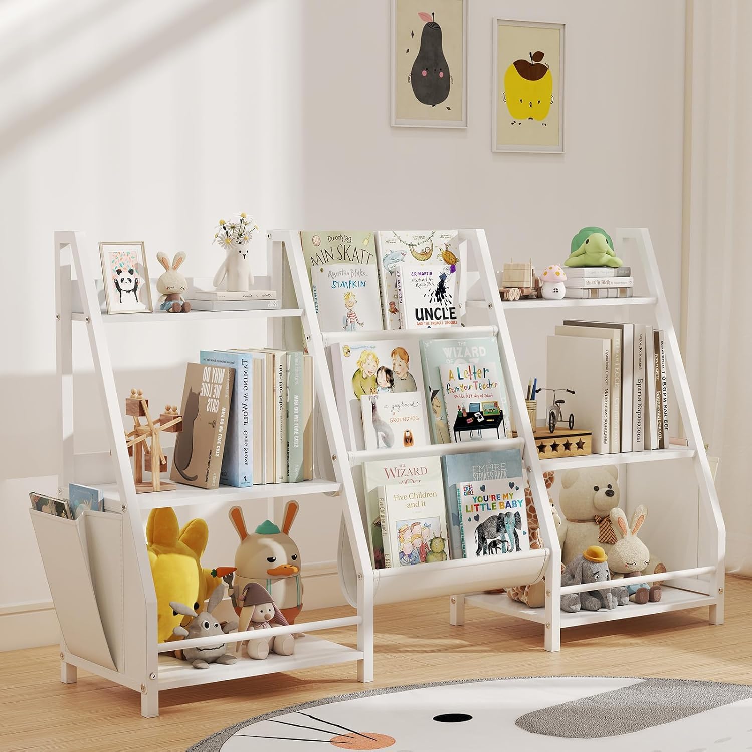 Bücherregal Kinder Mit 6 Fächern und 3 Ablagen | Spielzeugregal in Weiß | 127x72 cm Großes Bücherregal Kinderzimmer zur Aufbewahrung von Bilderbüchern & Spielzeug | Aufbewahrungsregal für Kleinkinder