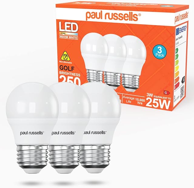 paul russells LED Light Edison Screw E27, 25w Bulb, 3W 250LM LED Bulbs, 2700K Warm White Lamps, Classic Frosted G45 ES Golf Energy Saving Chandelier Lightbulbs, Pack of 3