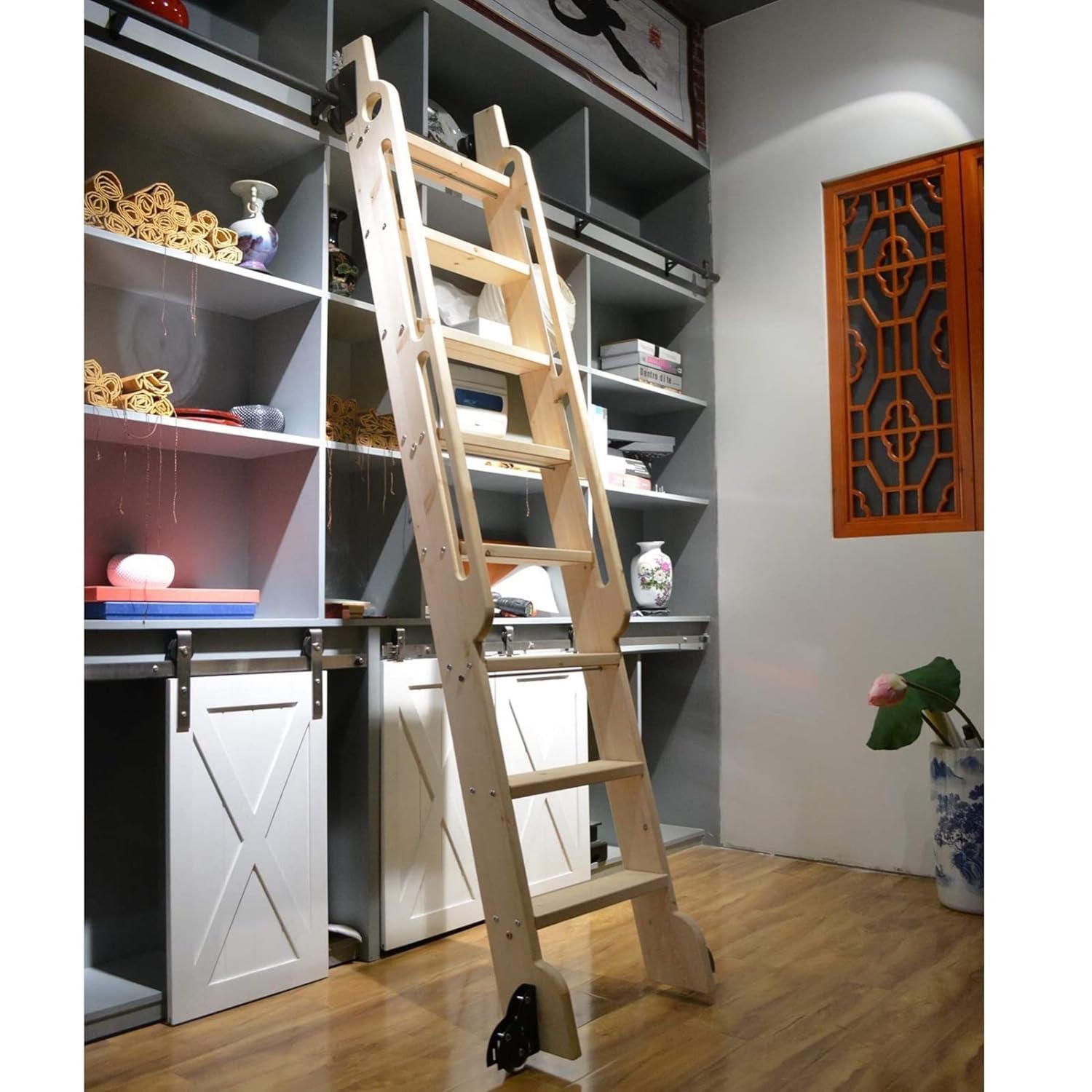 Rollleiter-Hardware-Bibliothekssystemschiene – 3,3 bis 20 Fuß langes Schiebetür-Set für Haus/Innenbereich/Dachboden – runde Rohr-Mobilleiterschienen (ohne Leiter)