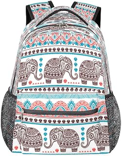 Mochilas para meninos e meninas com elefante étnico para laptop, mochila escolar com vários bolsos, mochila de animal com alça de ombro ajustável para viagens, caminhadas, acampamento, Multi, Medium