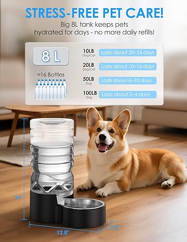 Miniatura 2 de Dispensador automático de agua para perros de 2.1 galonesBoca ancha para una fácil limpieza a manoTazón de acero inoxidable extraíble, recarga por