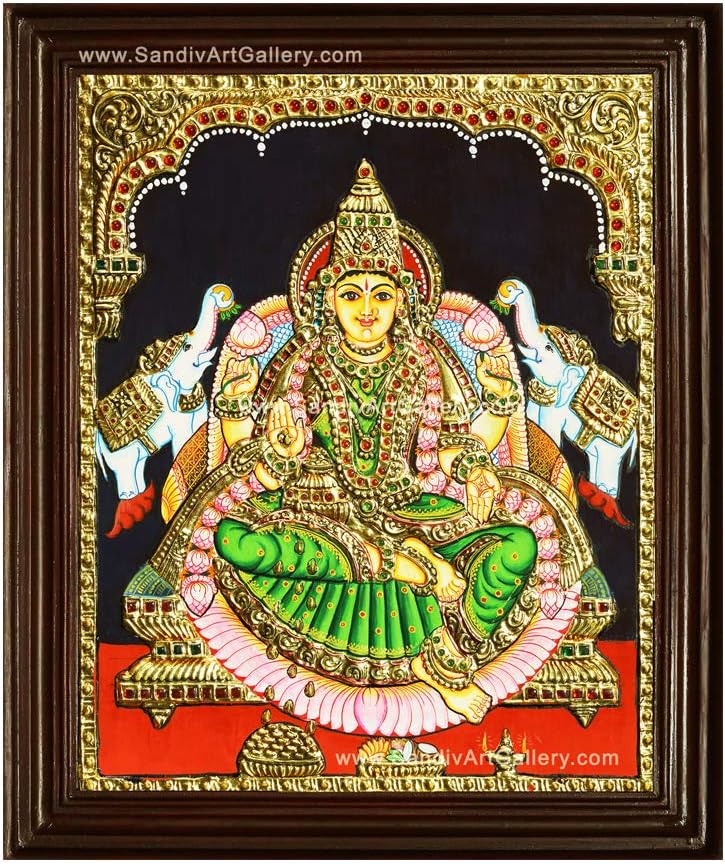 Sandiv Art Gallery Gaja Lakshmi Tanjore Painting โ 22 Carat Gold Gajalakshmi Tanjore Painting โ Gajalakshmi Photo Frame on Wall โ Painting Gift (12x10 Inch)