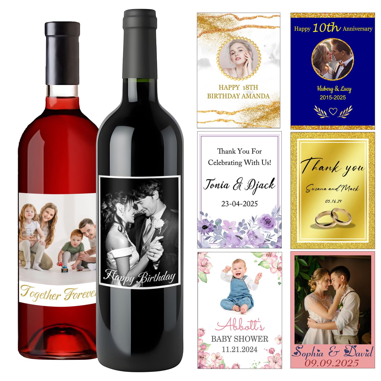 Adesivi personalizzati per bottiglie di vino champagne Matrimonio personalizzato Festa di fidanzamento Battesimo Compleanno Baby Shower Stampa Decorazioni fotografiche  15