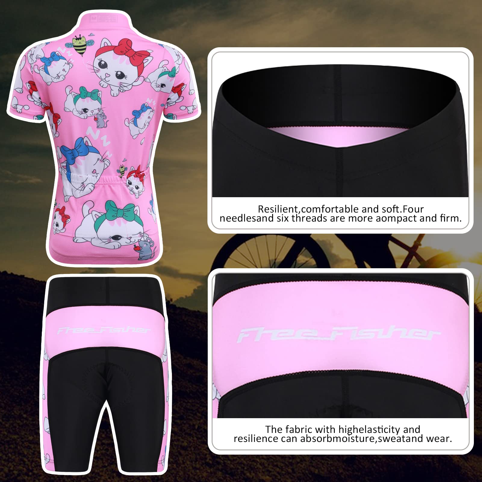 Kinder Radtrikot Set Jungen Mädchen Fahrrad Trikot Schnell Trocknend Kurzarmtrikot Atmungsaktiv Radsport Anzüge Kurzarm +Kurz Radhose mit 3D Sitzpolster