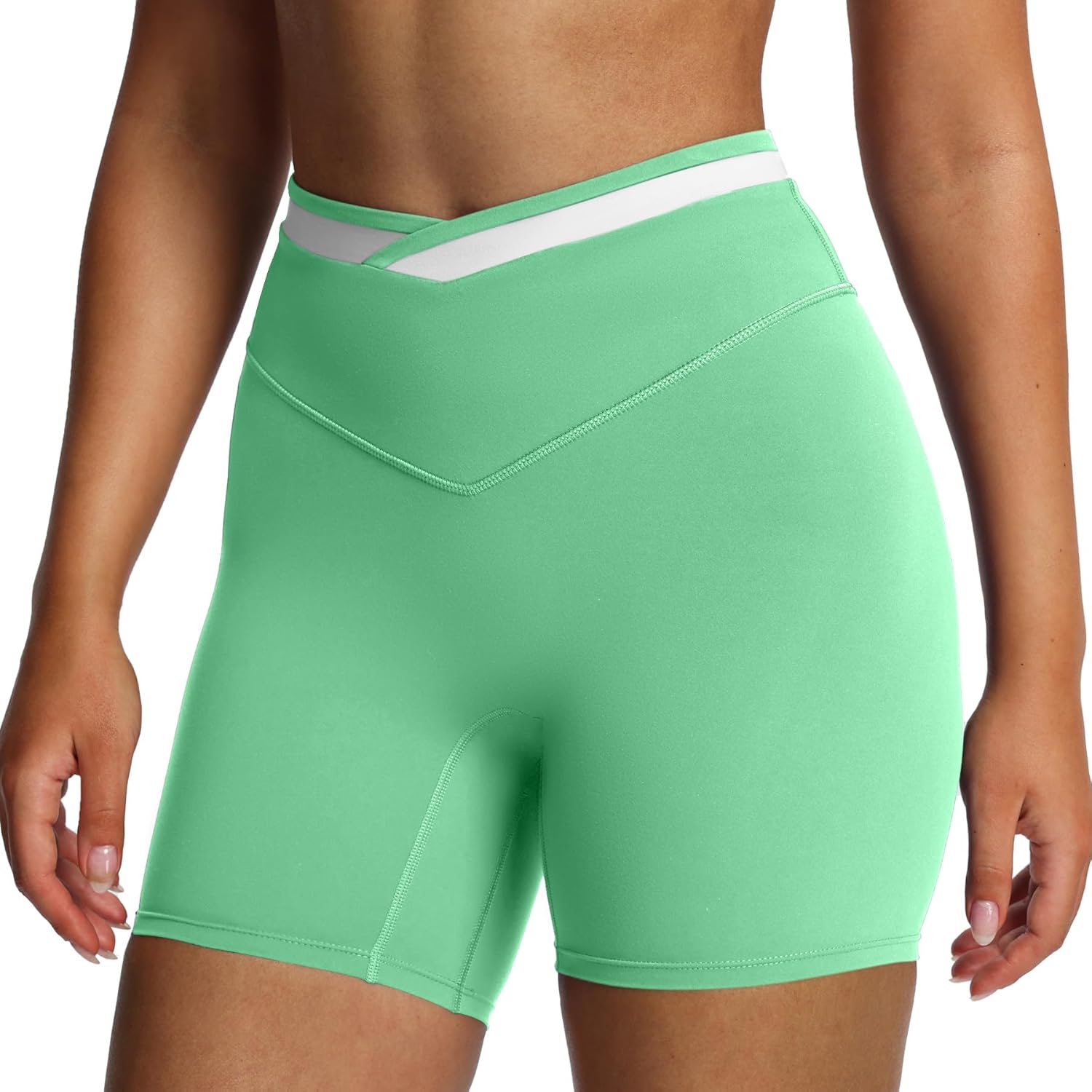 Aoxjox Velma Workout Biker Shorts for Women Color Block Cross-Waist High Waisted Exercise Gym Running Yoga Short 6"