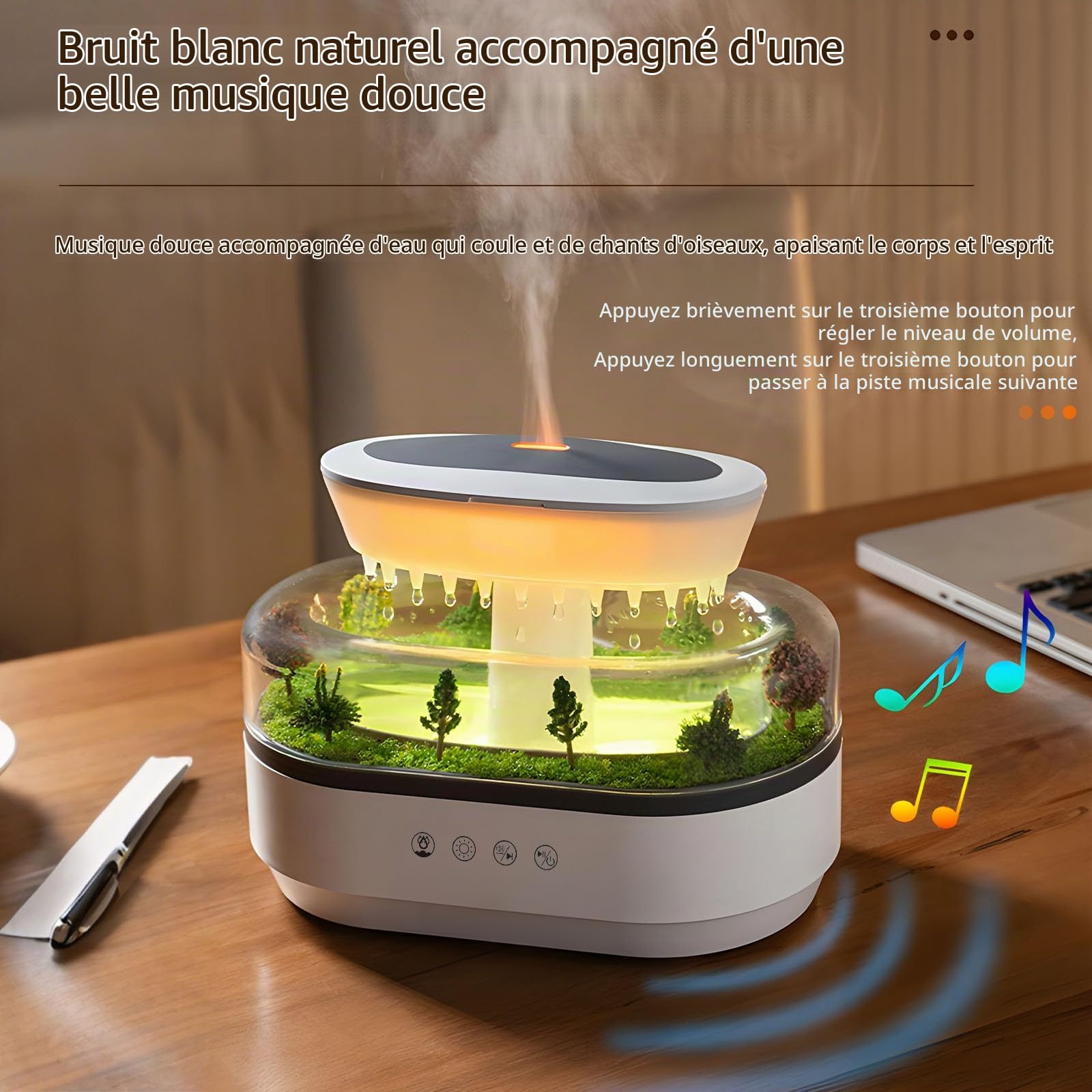 Diffuseur d'arômes avec veilleuse 7 Couleurs, humidificateur Rain Cloud 250 ML, diffuseur d'huiles essentielles avec Lampe Champignon Goutte d'eau, Bruit Blanc (Blanc)