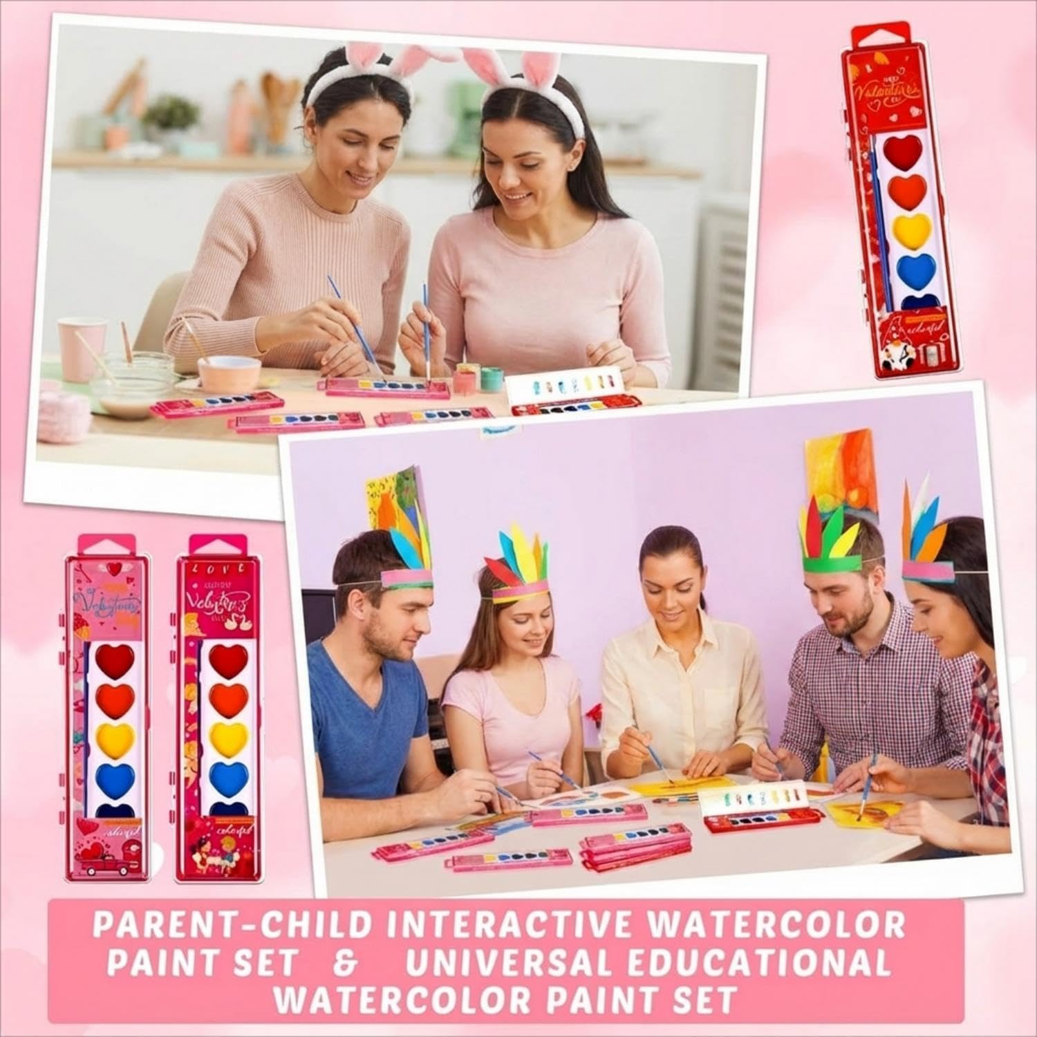Watersay 24 Packs Valentines Heart Watercolor Paint Set 8 Washable Colors with Brushes Water Color Painting Kit Party Favor Valentines Gifts Painting Kit for Adult