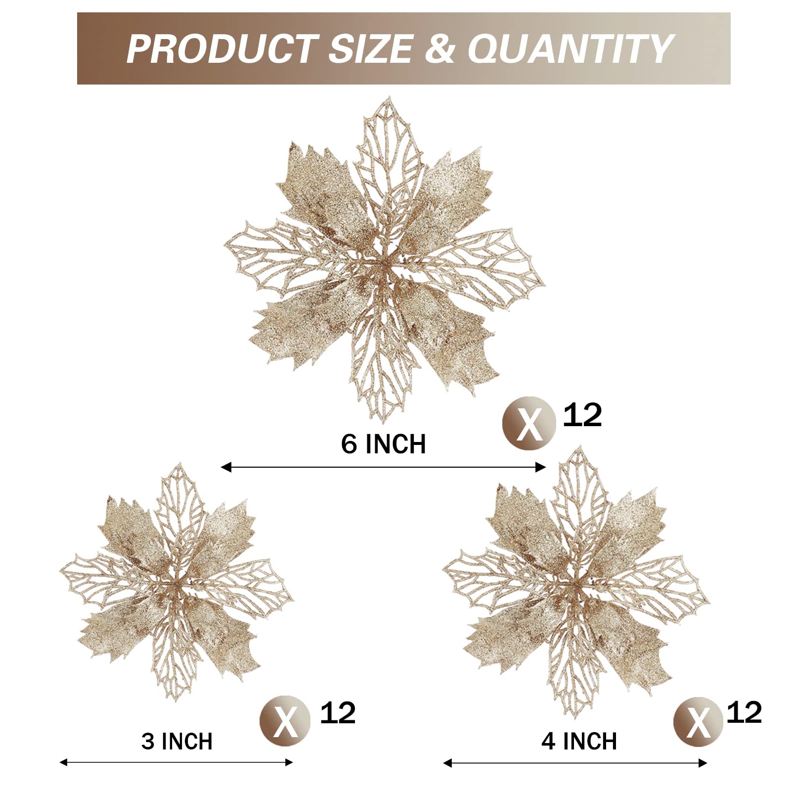 36pcs Glitter Poinsettia Flowers Artificial - Champagne Poinsettia Christmas Tree Decorations Flowers Ornaments for Xmas Holiday Wedding Wreath Home Decor (Champagne,3 Size)