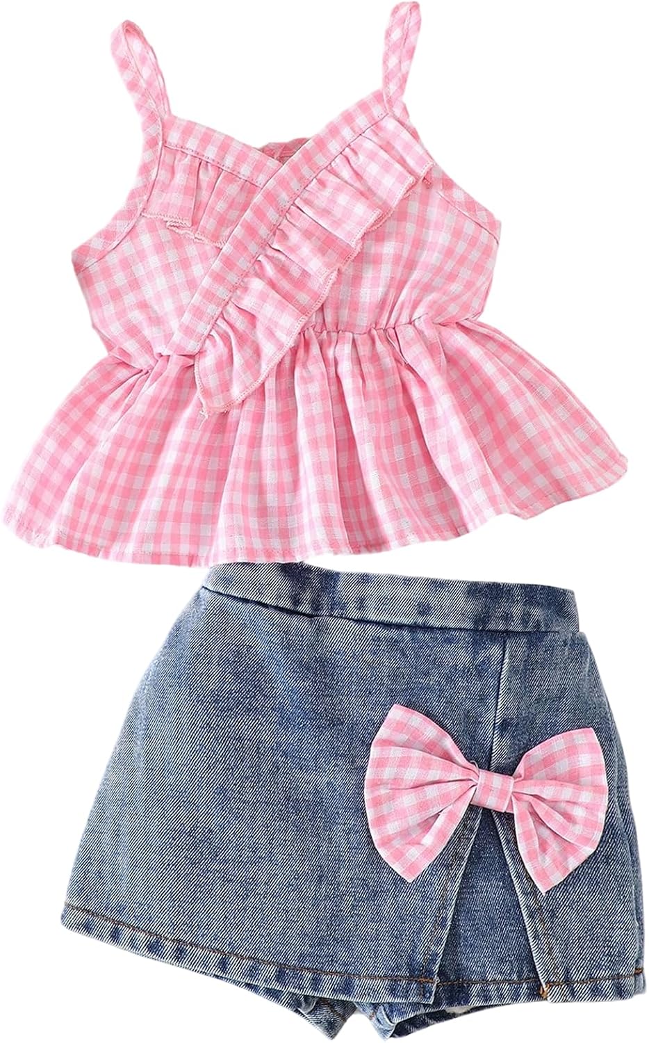 Verdusa Girl's 2 Piece Summer Outfits Gingham Ruffle Babydoll Tops with Jean Skorts Cute Sets
