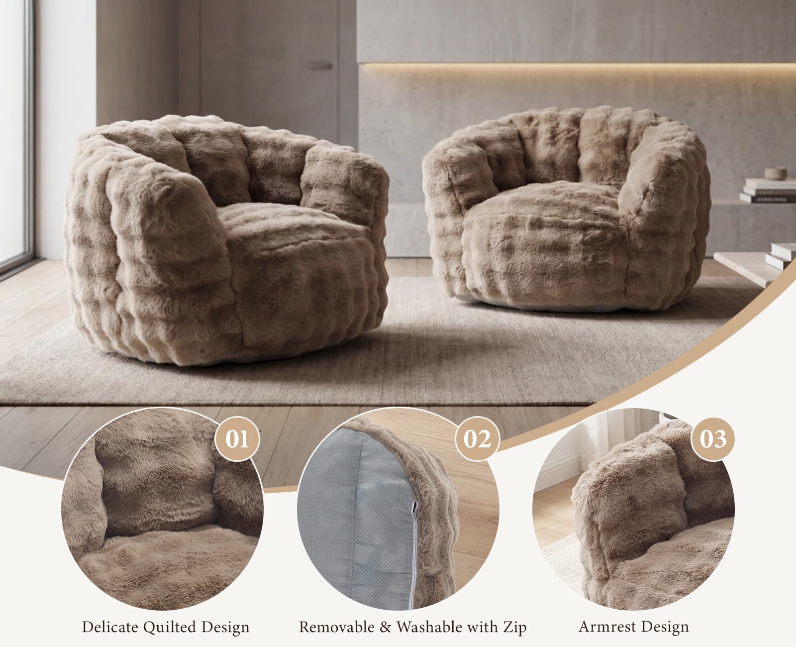 Pouf Salon Confortable, Pouf Poire Large avec Accoudoirs, Kaki | Fauteuil Poire Géant Moderne en Fausse Fourrure de Lapin Douce, Fauteuil Design pour Salon/Chambre