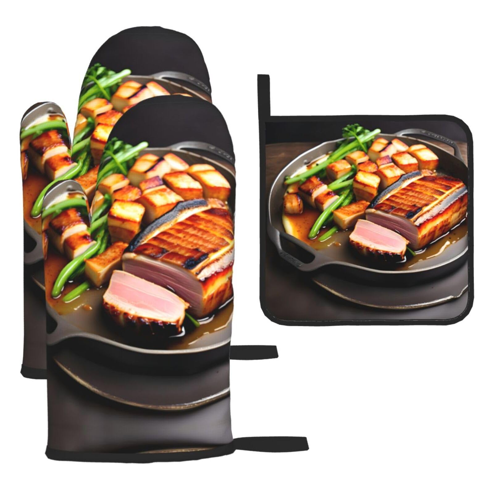 Delicious grilled meat Oven mittens and oven mitts three-piece set suitable for oven, grilling, baking, microwave and home cooking.