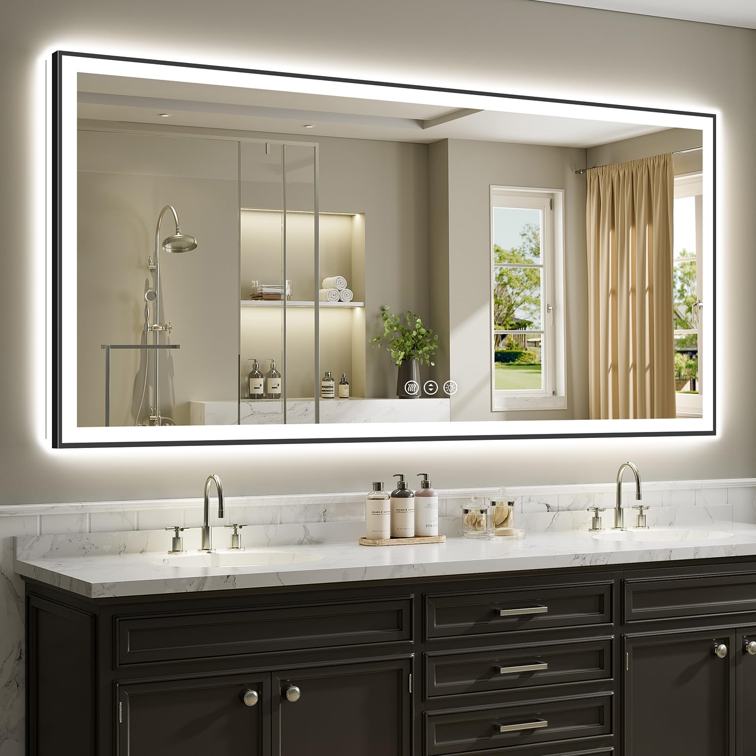88x38 LED Bathroom Mirror with Lights, Black Framed Lighted Mirror