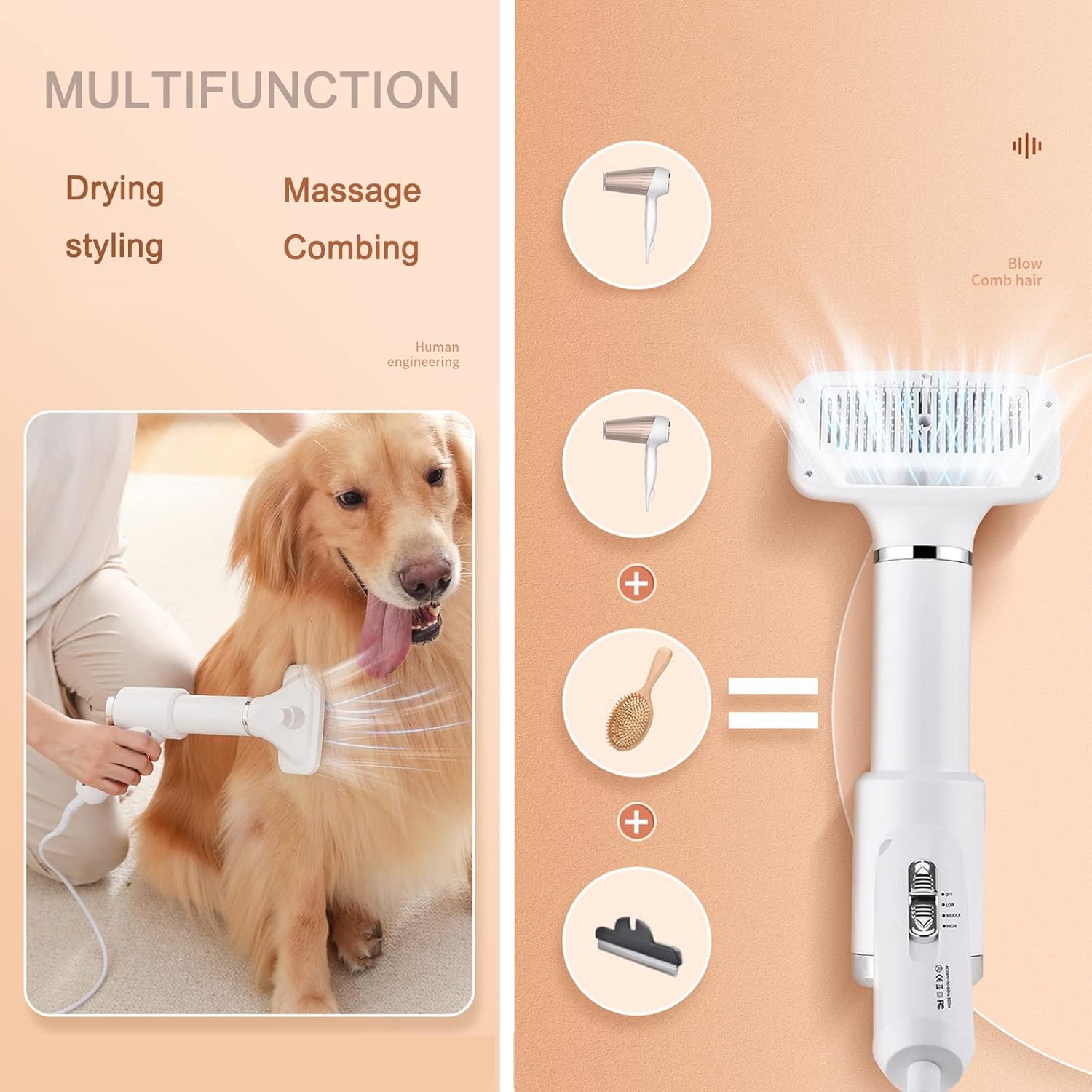 2 in 1 Dog Hair Dryer Brush, Pet Grooming Hair Dryer with 3 Side Flexible Rotation and One-Button Hair Removal, Portable Dog Blower for Small Medium Dogs Cats