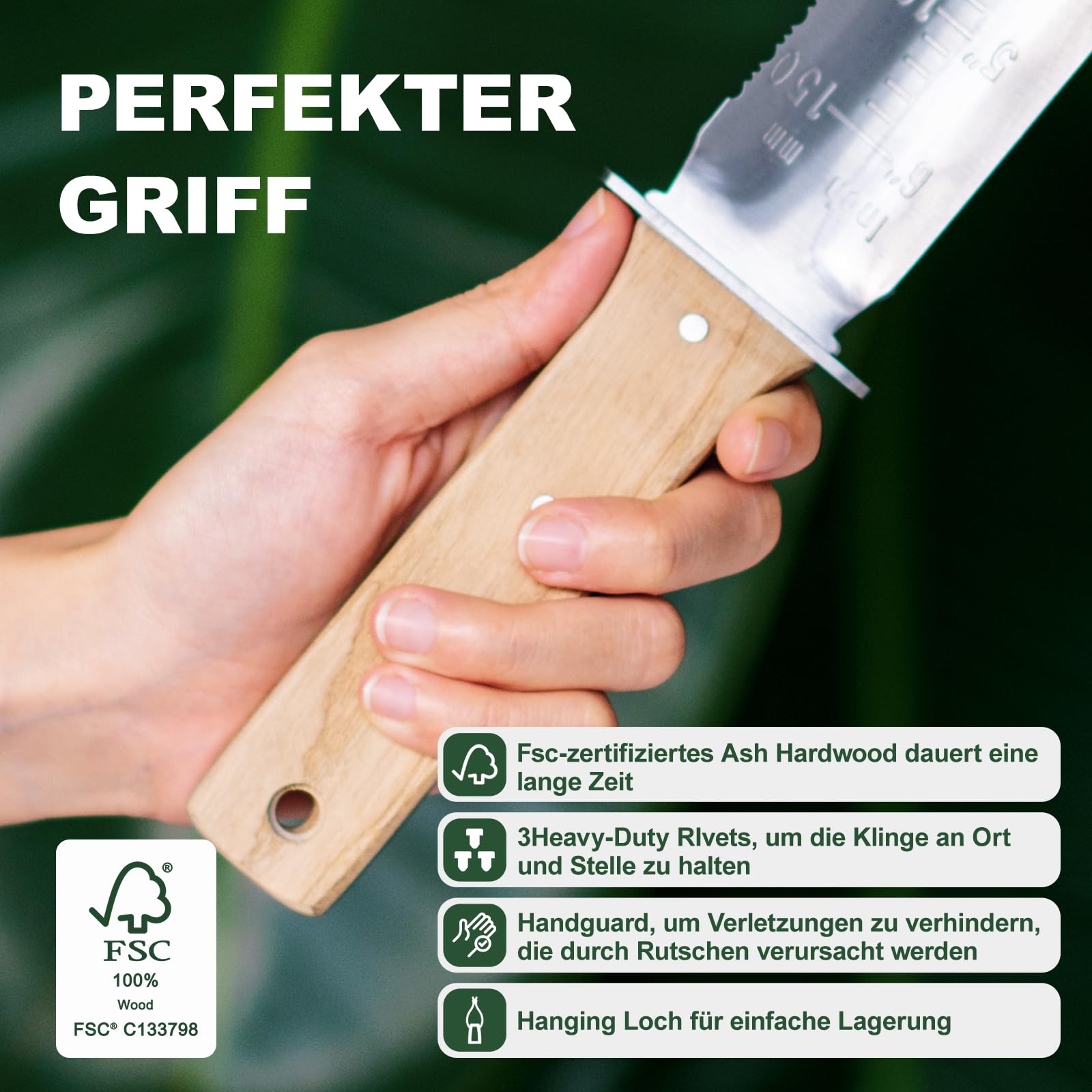 Gartenmesser, Grabungsmesser mit Lederhülle zum Graben, Pflanzen und Beschneiden, Ideales Gartengerät mit 150-mm-Tiefenmarkierung.