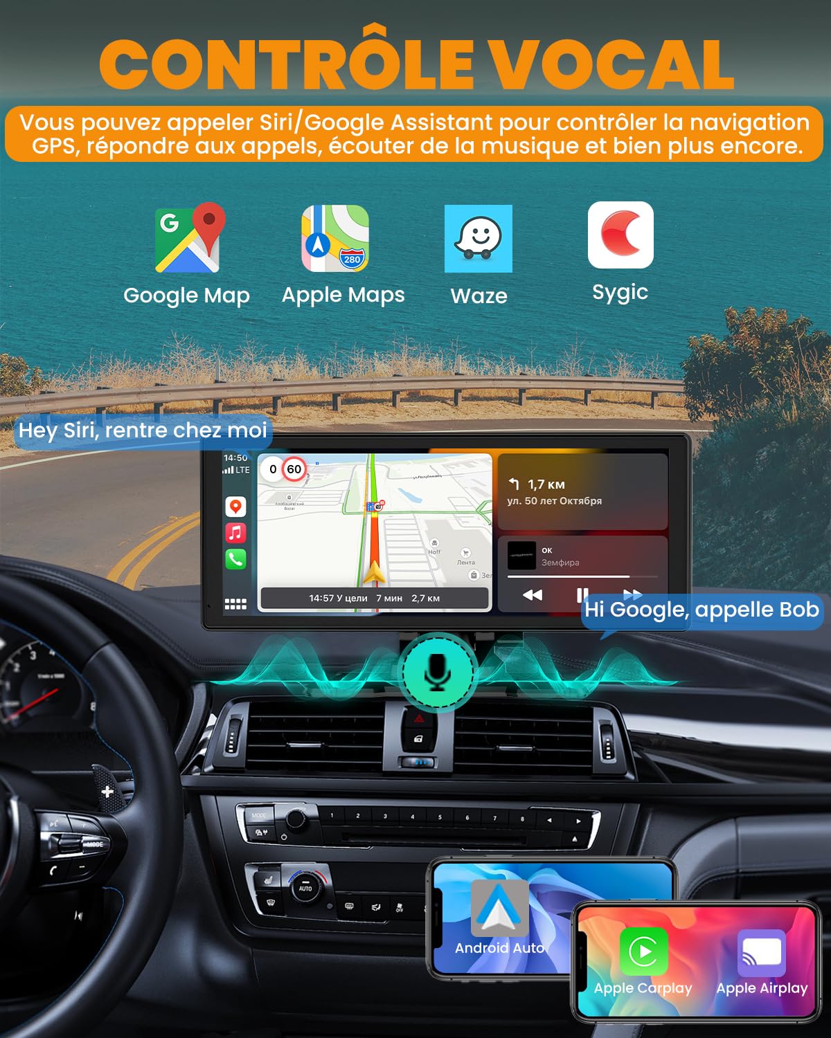 Carplay Voiture, 8.88" Autoradio Carplay pour Apple & Android avec HD 1080P Camera de Recul & Caméra Frontale, Navigation GPS, Bluetooth 5.2, Commande Vocale Mains Libres, Mirror Link, AUX, FM