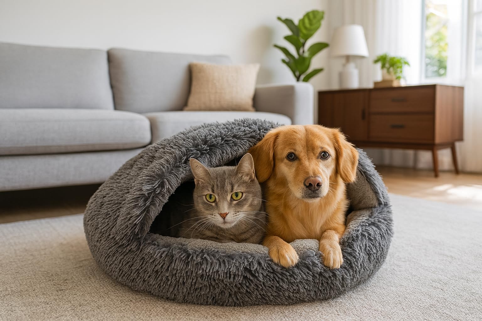 Odolplusz Rundes Kuschel-Hundebett und Katzenbett, Grau, Shaggy Bouclé, Schlafsack-Design, Warmes Höhlenbett, Rutschfester Boden, Maschinenwaschbar, für Mittelgroße Hunde und Große Katzen (100 cm)