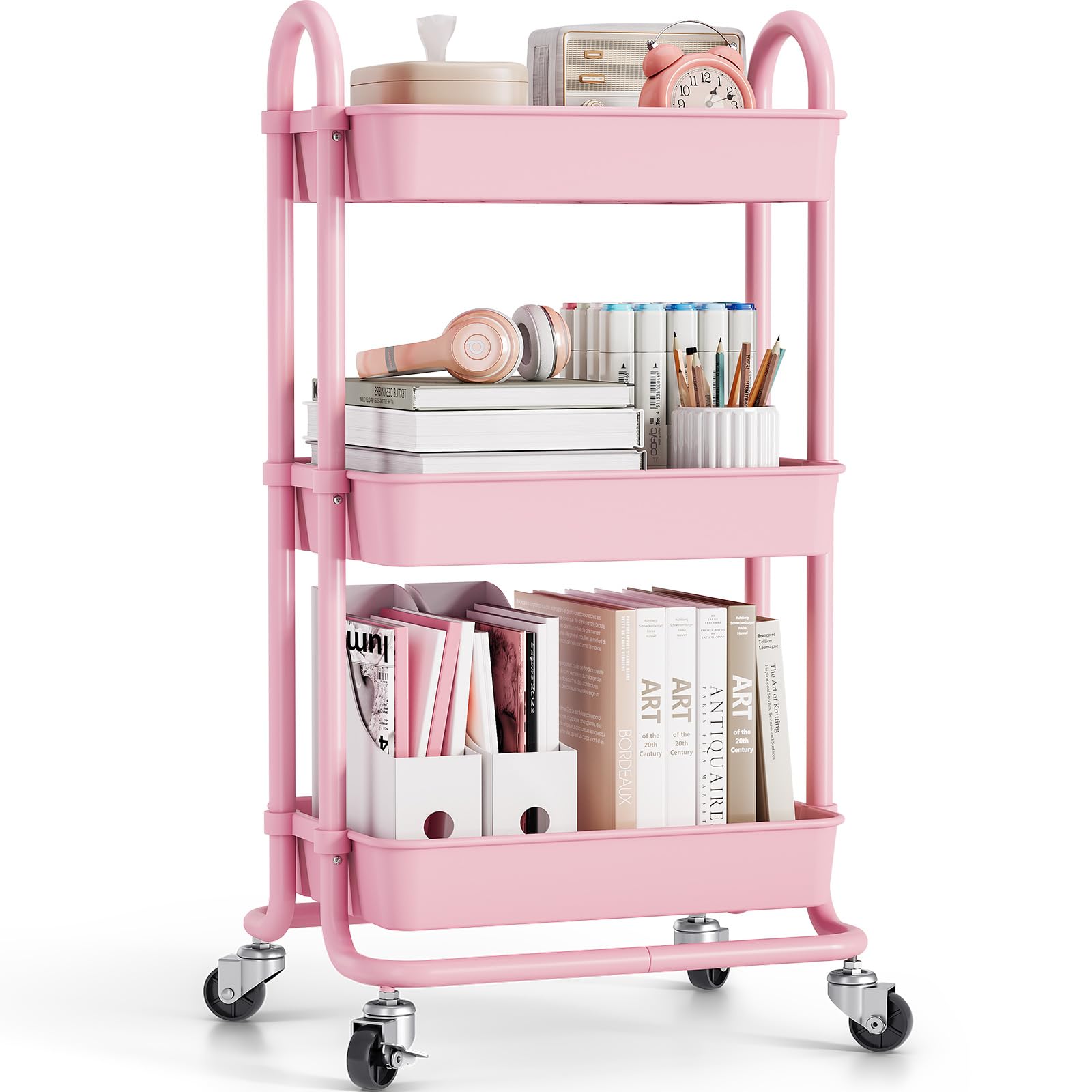 TOOLF 3-Tier Rolling Utility Cart, Utility Cart with Wheels – Portable Storage Organizer for Makeup, Baby Essentials, Kitchen, and Office Use (Regular Pink)