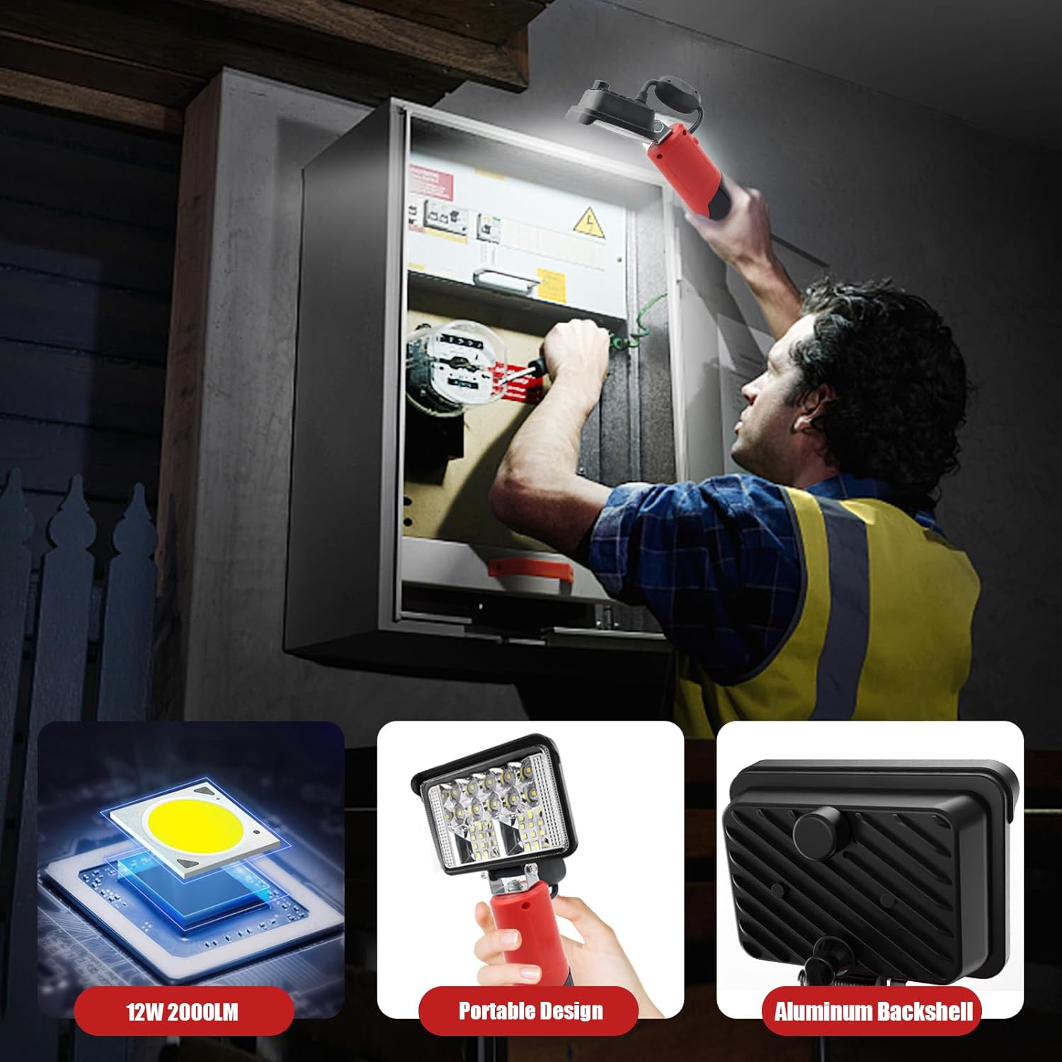 Cordless LED Work Light Compatible with Milwaukee M12 12V Battery, 2000LM 12W Portable Flashlight Battery Powered Flood Light with 90°Rotatable for Indoor Outdoor Camping Hiking and Emergency