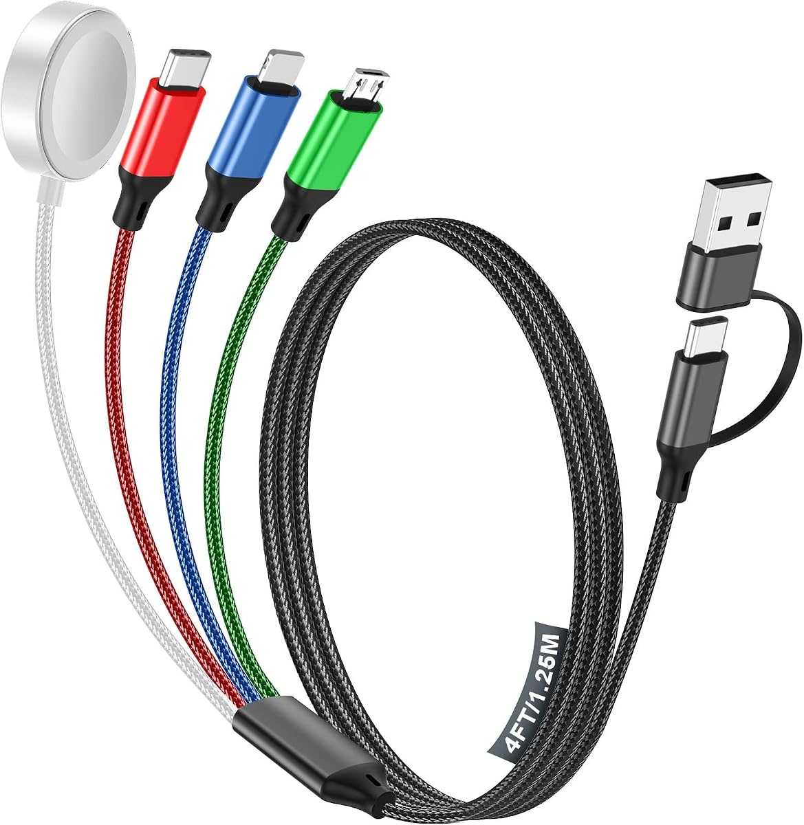 4-in-2 Multi Charging Cable for Apple Watch Charger/iPhone/Galaxy Charger | Travel Essentials,Type C/Lightning/iWatch/Micro Charging Cable for Phone/iWatch Ultra/10-2/Airpods[1.5M]-Multicolor