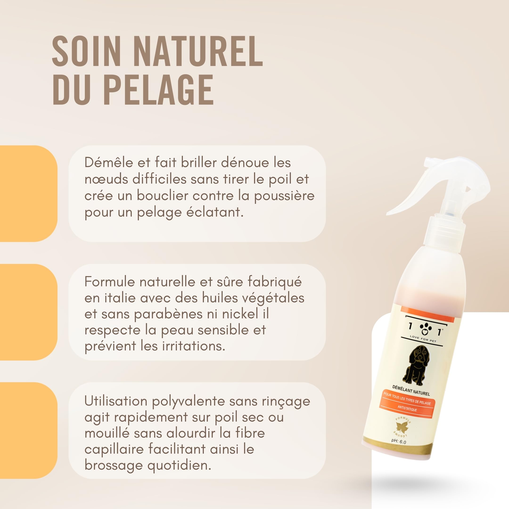 Spray Demelant Chien Naturel 250ml Demelant Chien Poil Long avec Ingrédients et Huiles Végétaux Convient à Tous Les Types de Pelage Doux et Brillant Formule Antistatique Professionnelle Linea 101