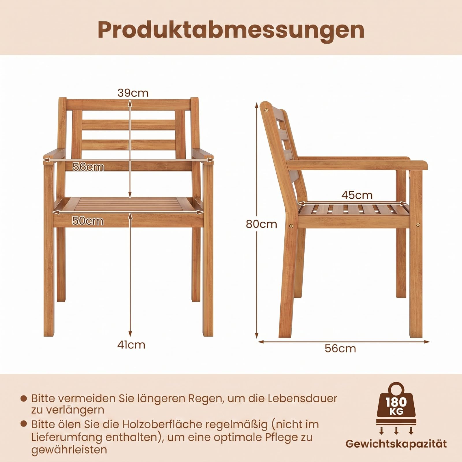 COSTWAY Drewniane krzesła ogrodowe, zestaw 2 sztuk, drewniane krzesła z podłokietnikami, krzesła balkonowe, obciążenie do 180 kg, fotel ogrodowy do ogrodu, na balkon, taras