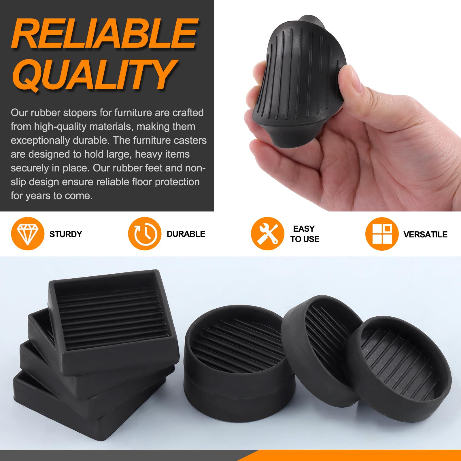Rustark 8Pcs 50mm 2 Inch Black Round and Square Rubber Caster Cups Non Slip Furniture Coasters Square Pads Hardwoods Floors Protectors Non Skid Square Furniture Feet Caps for Bed Couch Tables Chair - Image 3