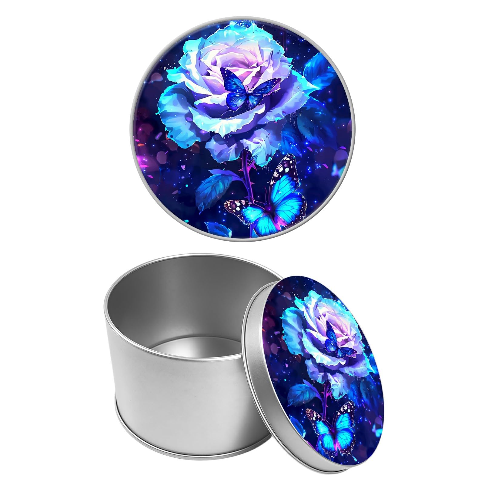 Round Metal Tin Container with Removable Lid, Rose Butterfly Durable Metal Storage Box for Cookies Spices Tea Candies Cakes Jewelry Cosmetics 3.54 x 2.36 inch– Single Pack