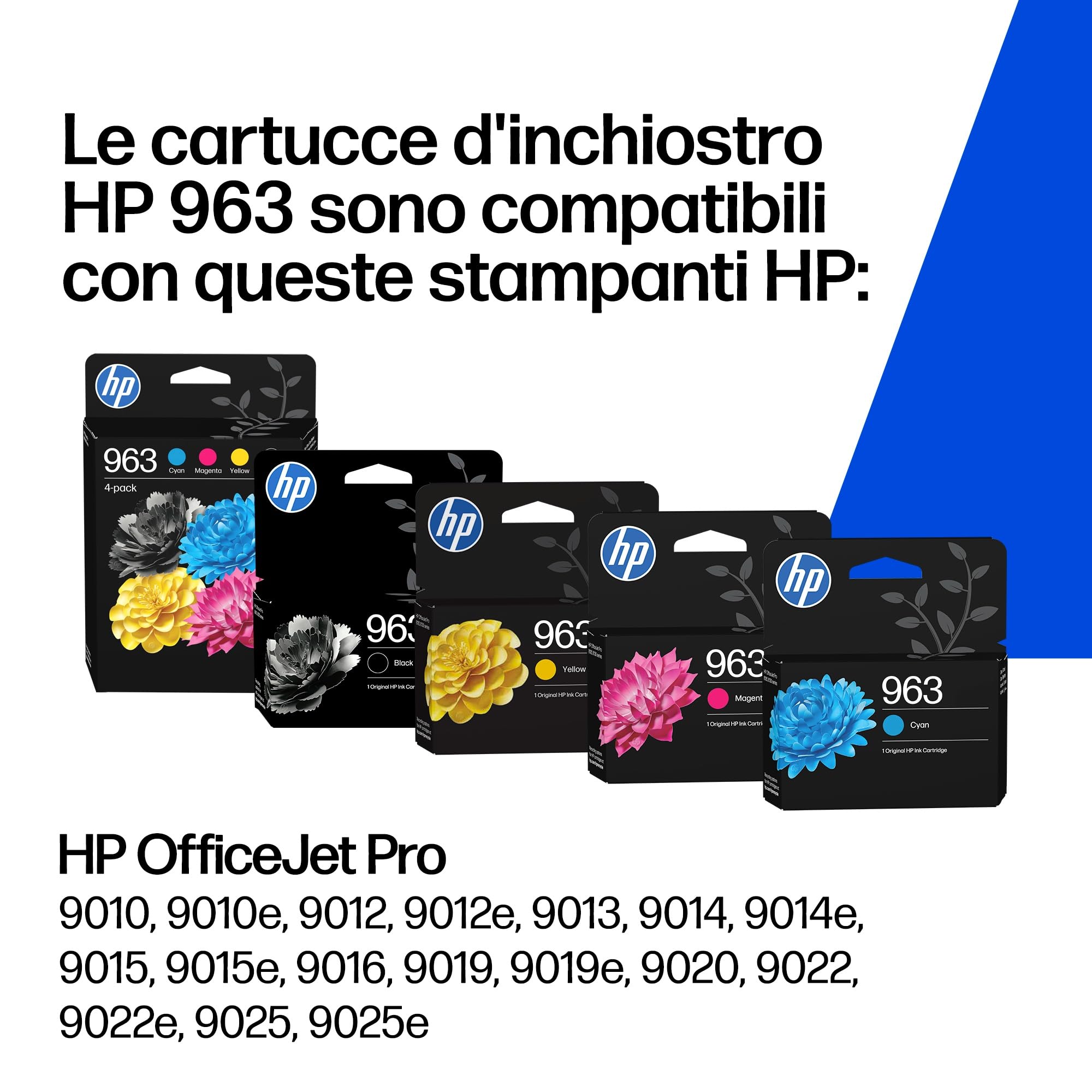 HP 963 Nero, Ciano, Giallo, Magenta, 4 Cartucce Inchiostro Originali | Compatibile con HP OfficeJet Pro serie 9010, 9020, 1000 pagine (6ZC70AE)