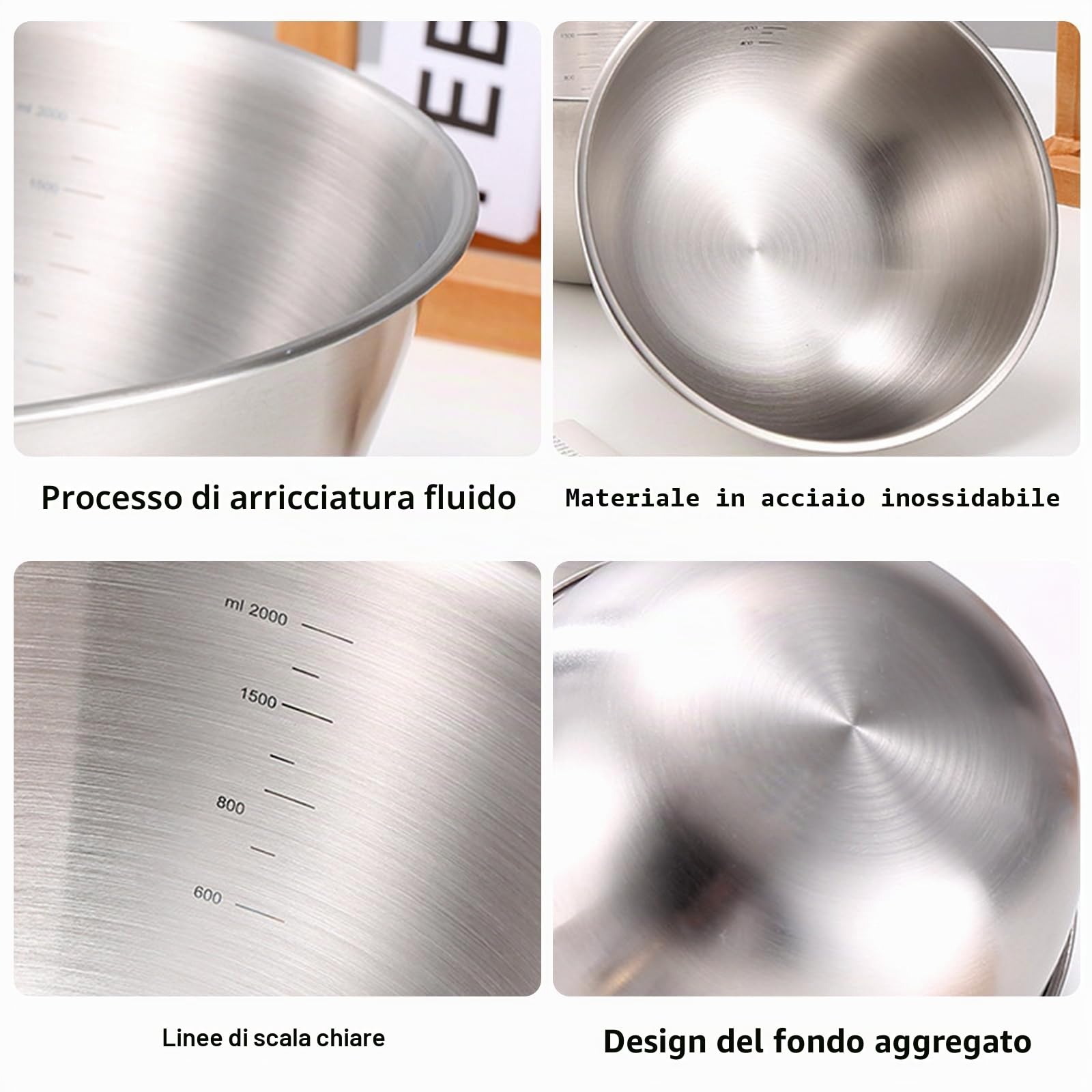 Nizirioo 5 ciotole in acciaio inox, per insalata, in acciaio inox, per la cucina, 1 l, 2 l, 2,5 l, 3,5 l, in acciaio inox, salvaspazio