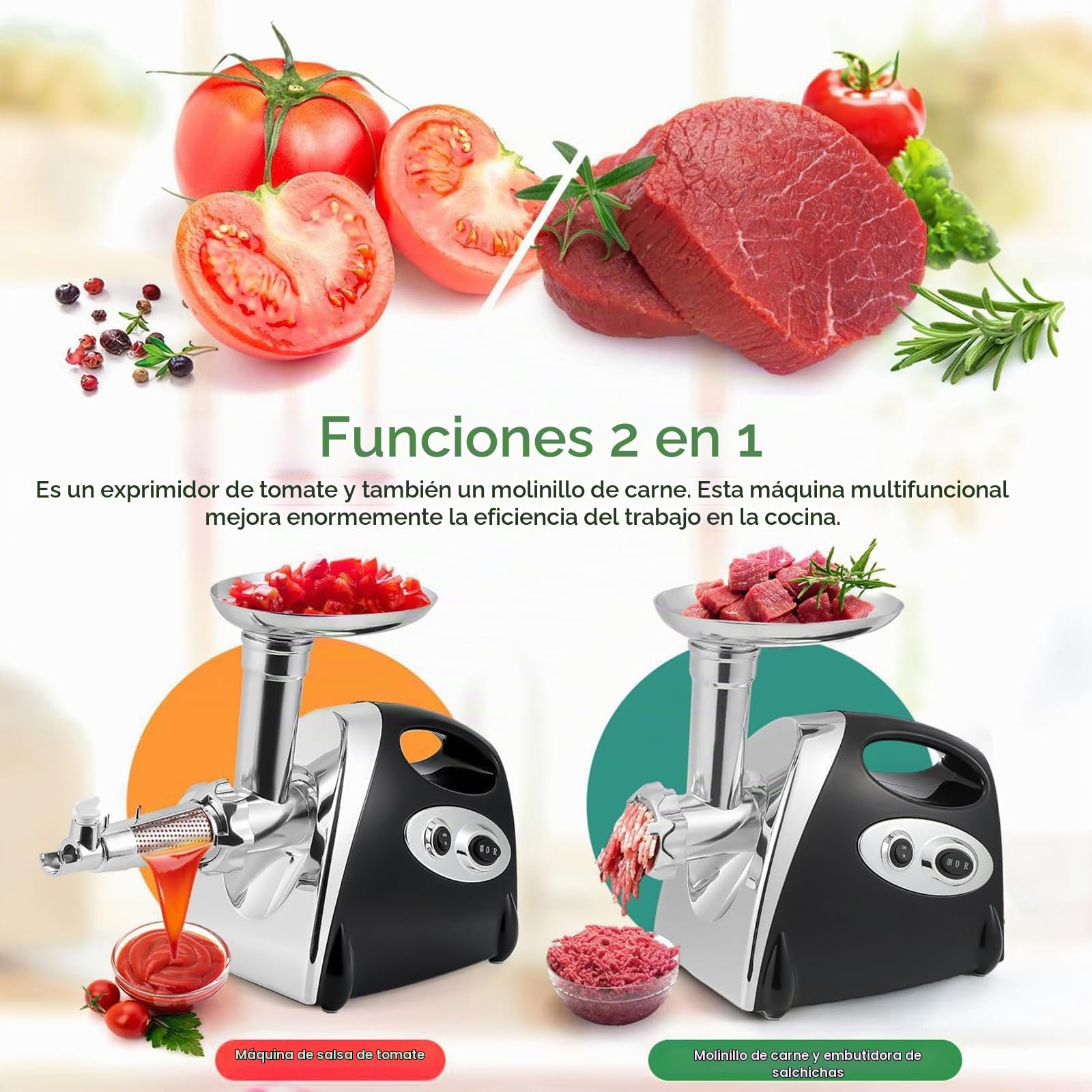 Picadora de carne eléctrica y colador de tomate, embutidora de salchichas 3 en 1 con 3 platos de molienda y kit Kubbe, máquina profesional para hacer salsa de tomate y picadora de carne para cocina