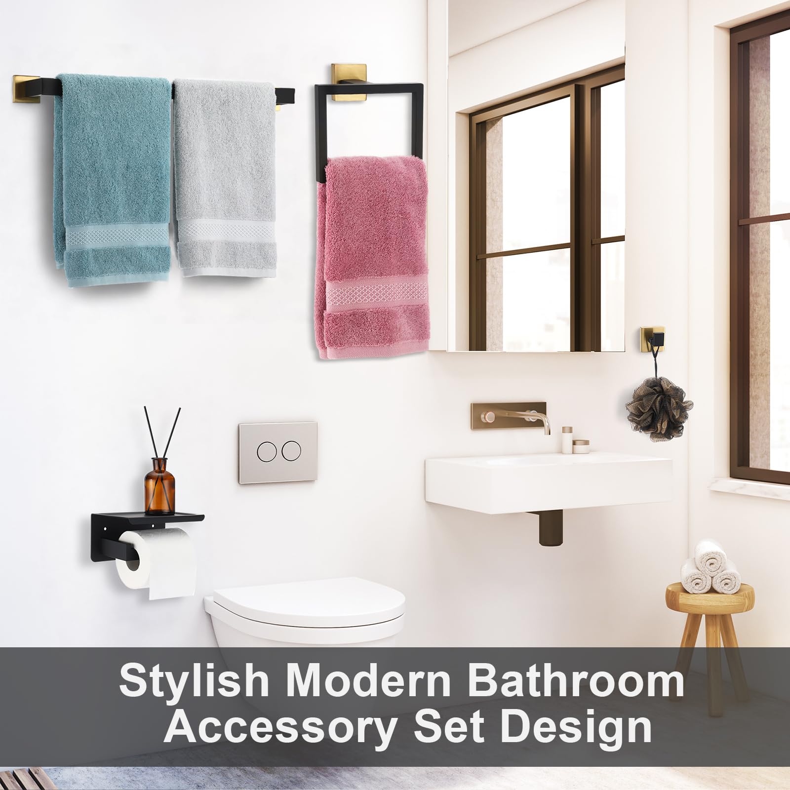 Blulu Juego de 10 soportes para toallero de baño de 23.6 pulgadas, gancho para bata, soporte para papel higiénico, juego de accesorios de baño de acero inoxidable, kit de accesorios de baño montado en