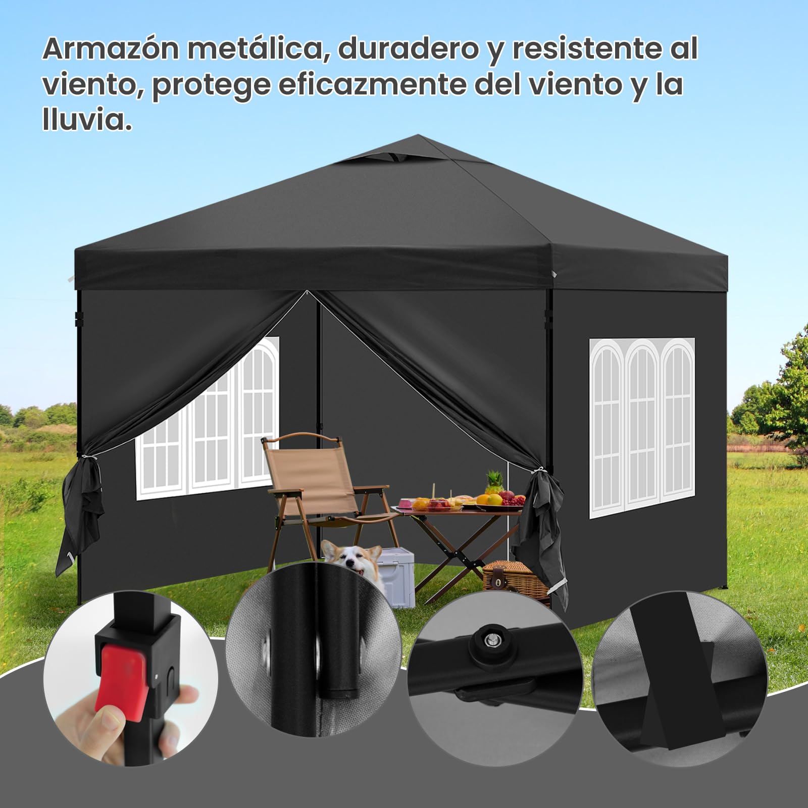 Laneetal Cenador 3x3m, Carpa Plegable para Exterior, Cenador con Paredes Laterales, Gazebo, Pabellón de Jardín para Camping, Pérgola Tienda de Fiestas, Carpa Impermeable,Antracita