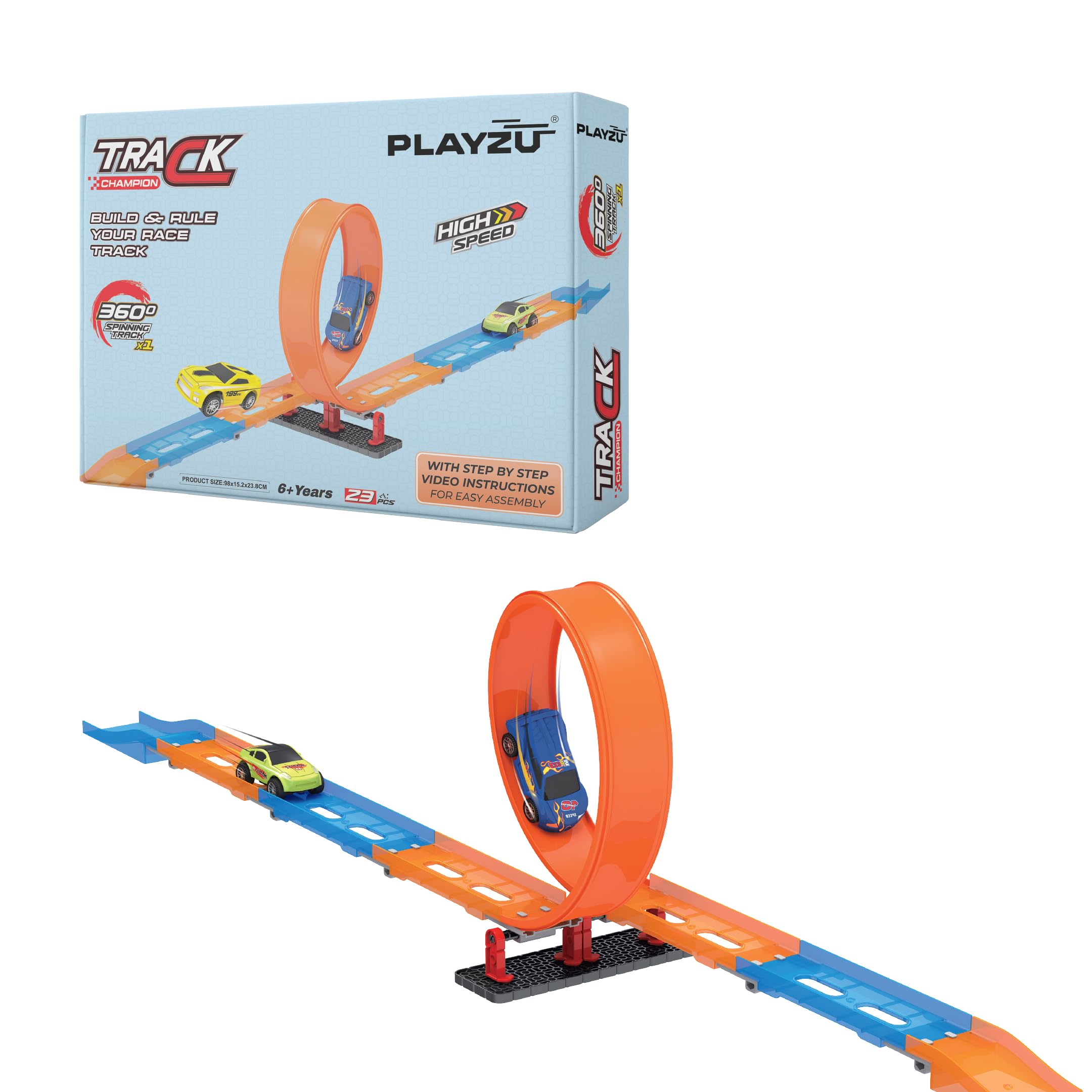 Playzu 679-100-23 pcs Single 360 Degree Loop Racing Track Game with Building Block Sets and One Strong 1:64 Scaled Pull Back Car and Track Easy to Assemble for 6+ Years Boys and Girls.
