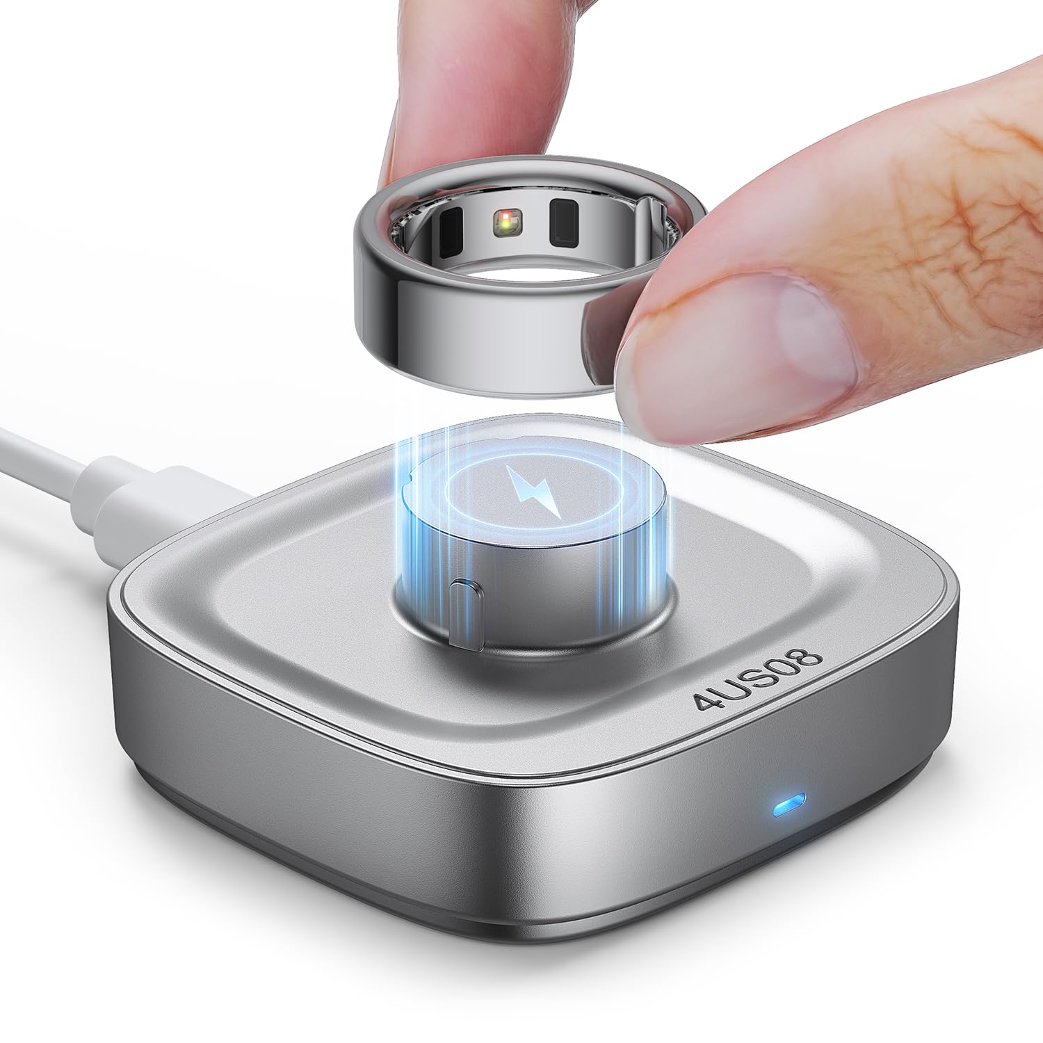 Ring Chager compatible avec Oura Ring4, charge rapide pour Oura Ring Gen 4 de taille 8, station de charge avec câble USB-C (argent clair)