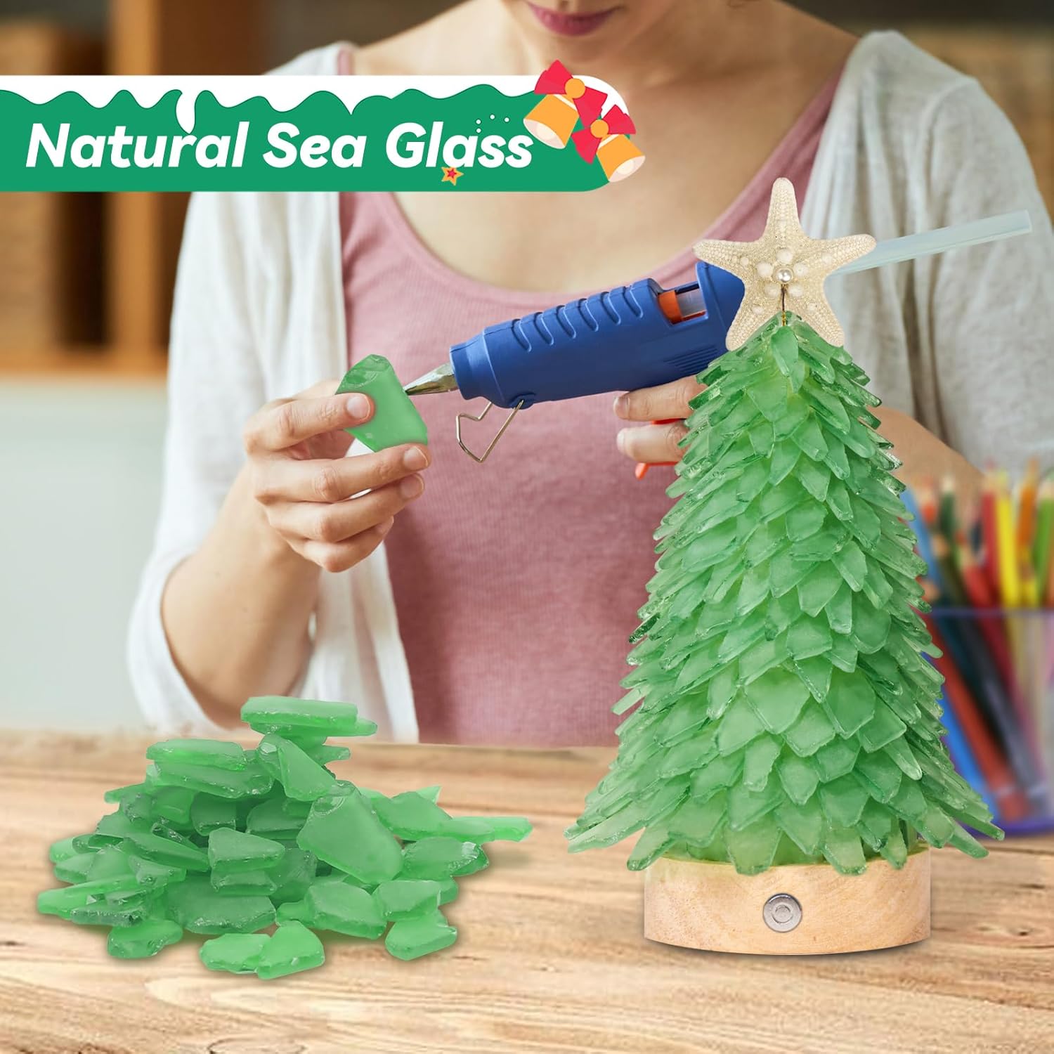 Sea Glass Christmas Tree,8.6 inches Mini Christmas Tree with Lights,Beach Nautical Themed Seaglass Christmas Tree for Table top,Decorations Indoor, Green Tree