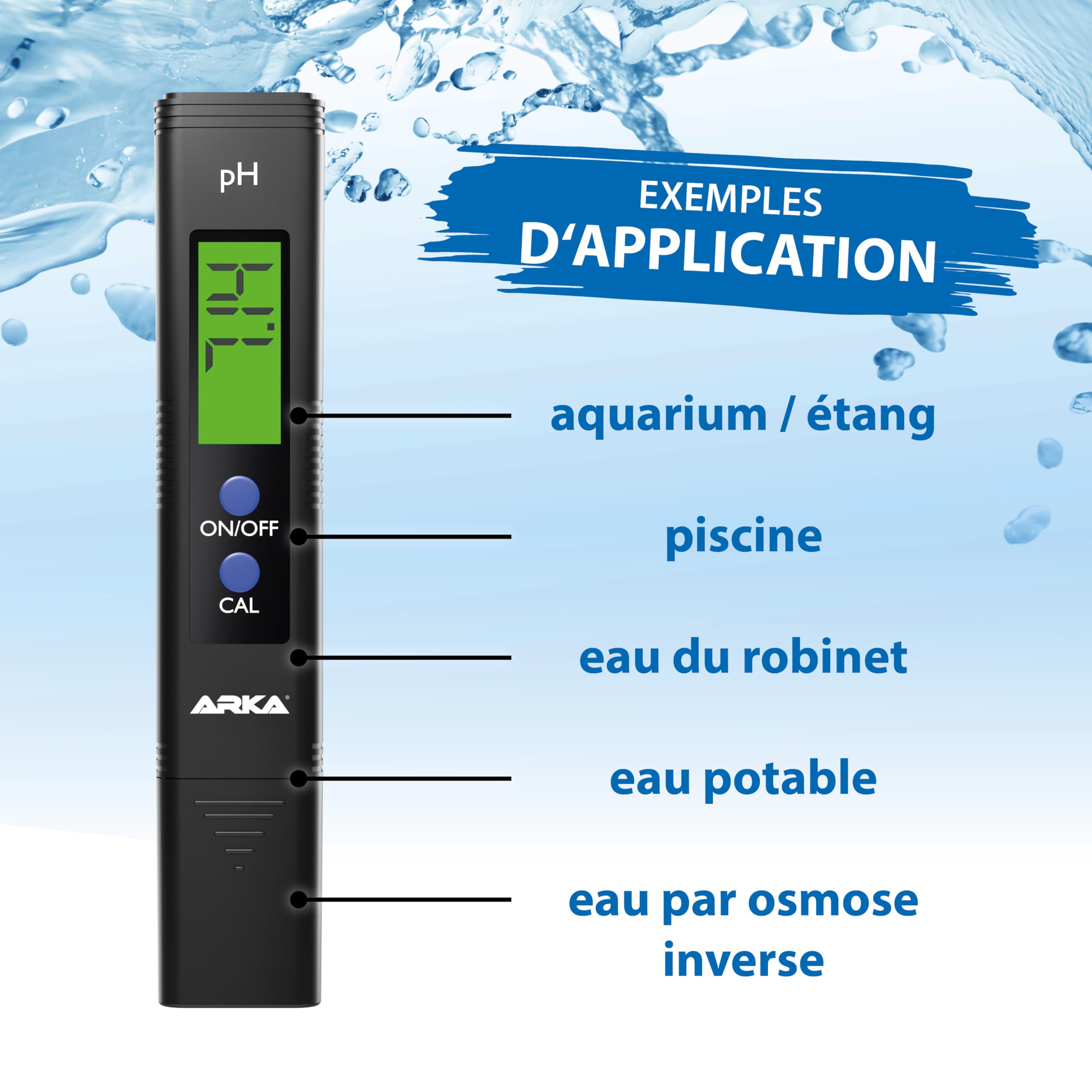 ARKA Testeur pH Digital Eau myAQUA pH-Mètre précis 0.00–14.00 – calibré en Usine + Poudre d’étalonnage – pour Aquarium, Osmose, Piscine, Jardin & labo – Compact & fiable