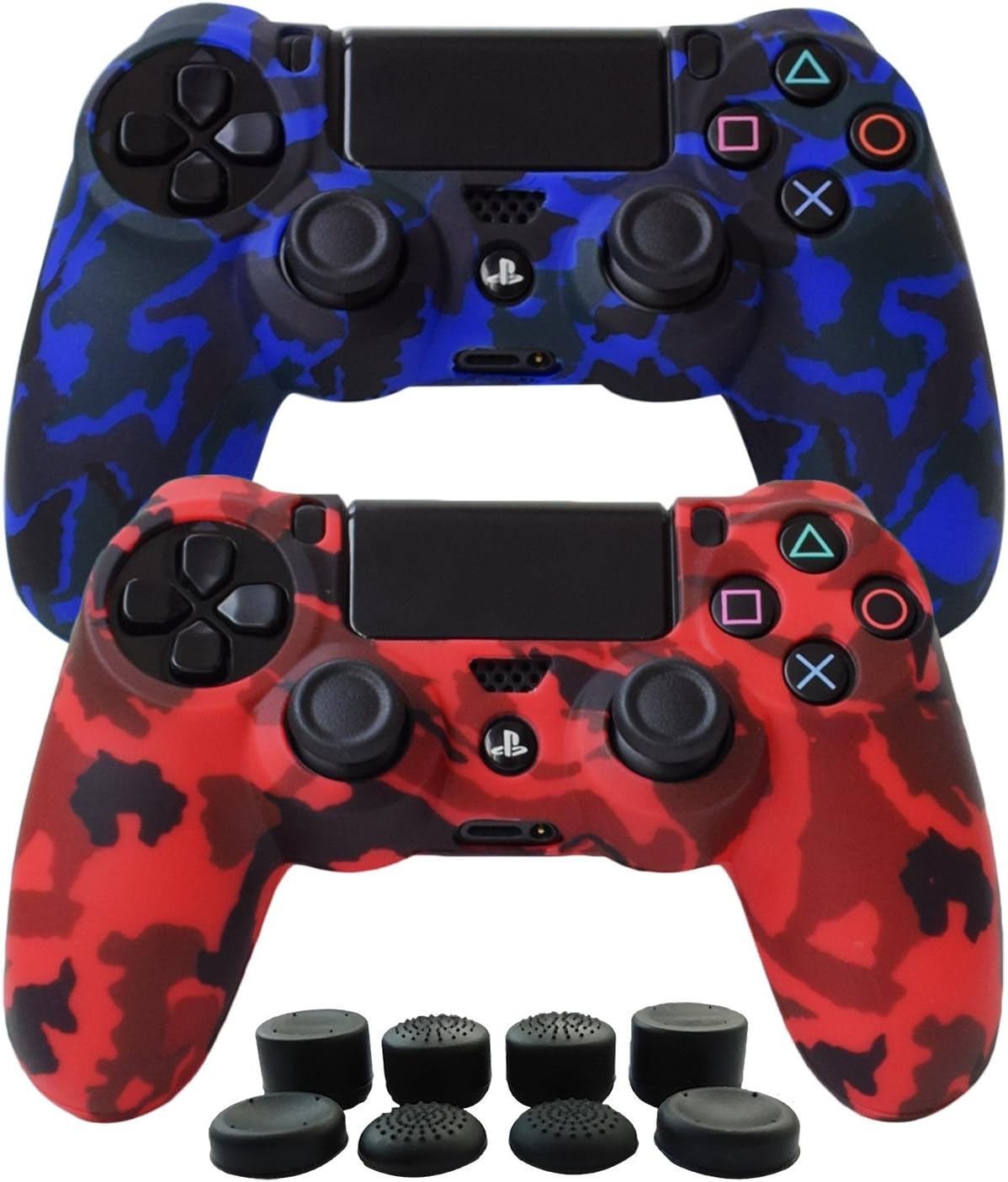Hikfly Silicone Gel Controller Cover Skin Protector Compatible for Sony Playstation 4 PS4/PS4 Slim/PS4 Pro Controller (2X Controller Camouflage Cover with 8 x FPS Pro Thumb Grip Caps)(Red,Blue)