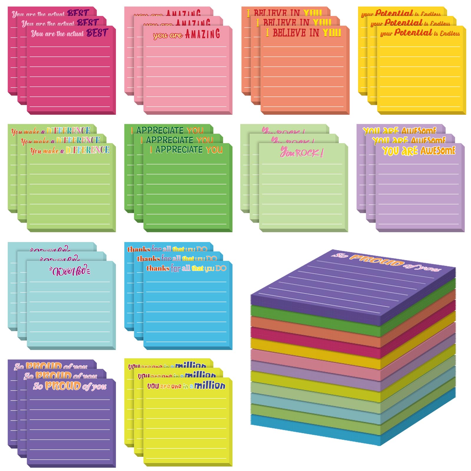 Yinder Lot de 48 notes adhésives inspirantes pour bas de Noël - Cadeau de remerciement des employés, pour enseignant, infirmière, collègue, bureau, 7,6 x 7,6 cm (remerciement, couleur foncée)