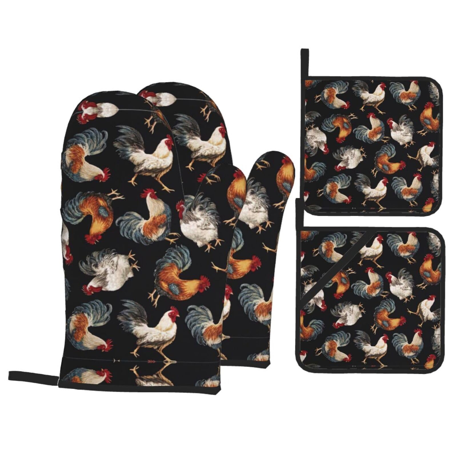 French Roosters Print Oven Microwaving Waterproof Kitchen Gloves for Baking Grilling Holiday Cooking