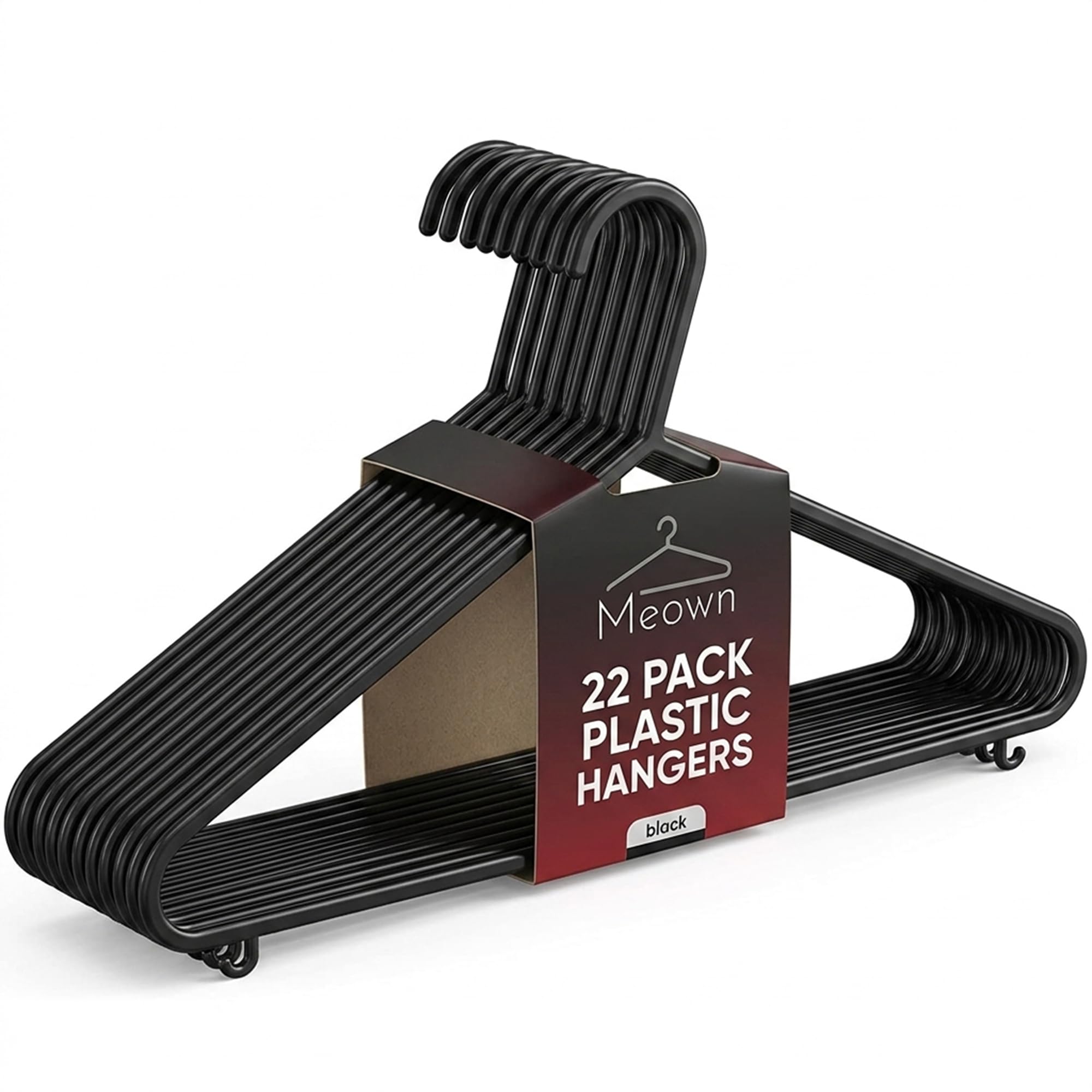 Meown Black Plastic Hangers 20 Pack – 40Cm Clothes Organisers With Trouser Bar & Side Hooks, Non-Slip Adult Coat Hangers For Wardrobe Rails & Closet Space Saving –