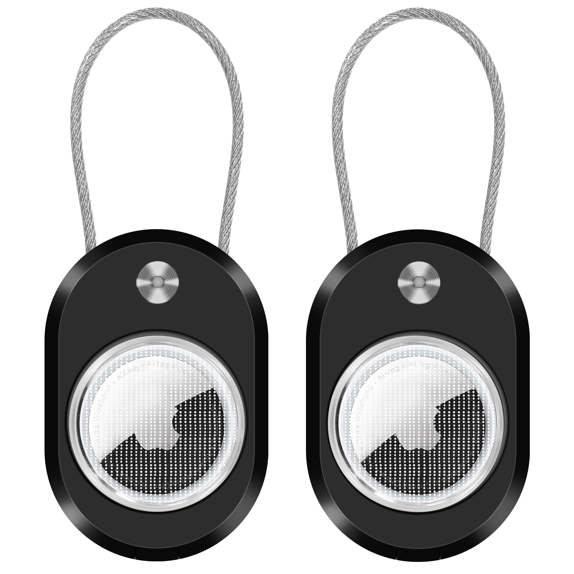 Vrebrey 2-Pack Airtag Holder with Cable Lock – Waterproof Anti-Lost Case for Apple Airtag & Moto Tag, Luggage Tag, Pet Collar, Backpack, Keys with Name ID Slot for Travel (2black)